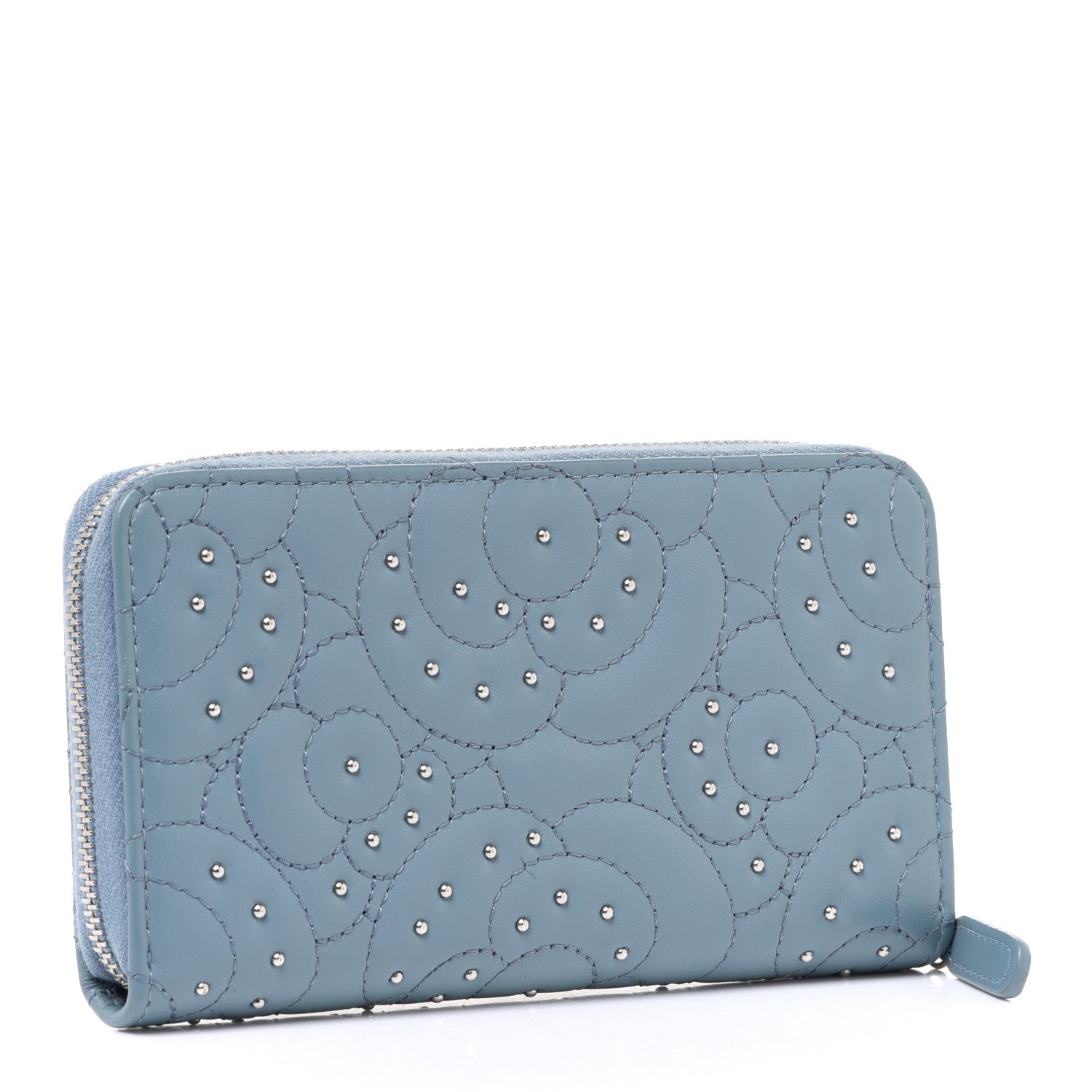 Chanel Lambskin Camellia Embossed Studded Medium Zip Around Blue 3 of 9