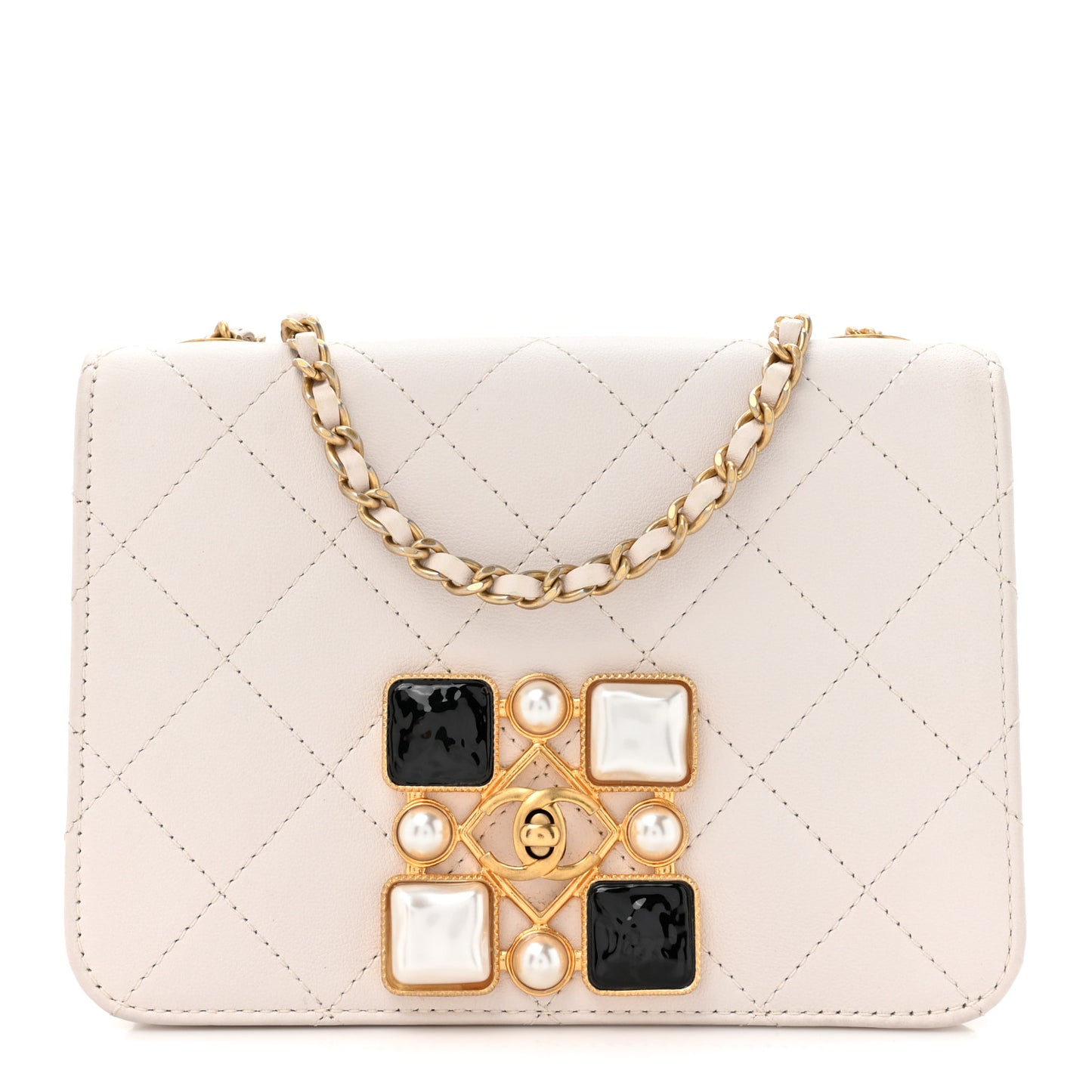 Calfskin Quilted Mini Bijoux Flap White