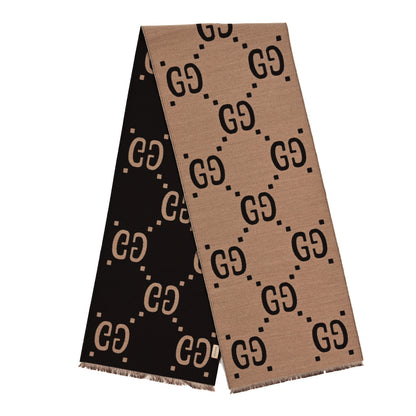 Gucci Wool Silk Monogram Jumbo GG Freedom Scarf Dark Brown Beige 2 of 3