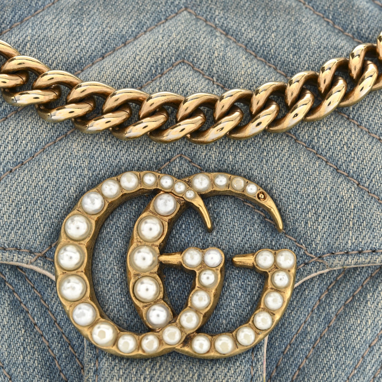 Denim Matelasse Mini Pearly GG Marmont Shoulder Bag Blue