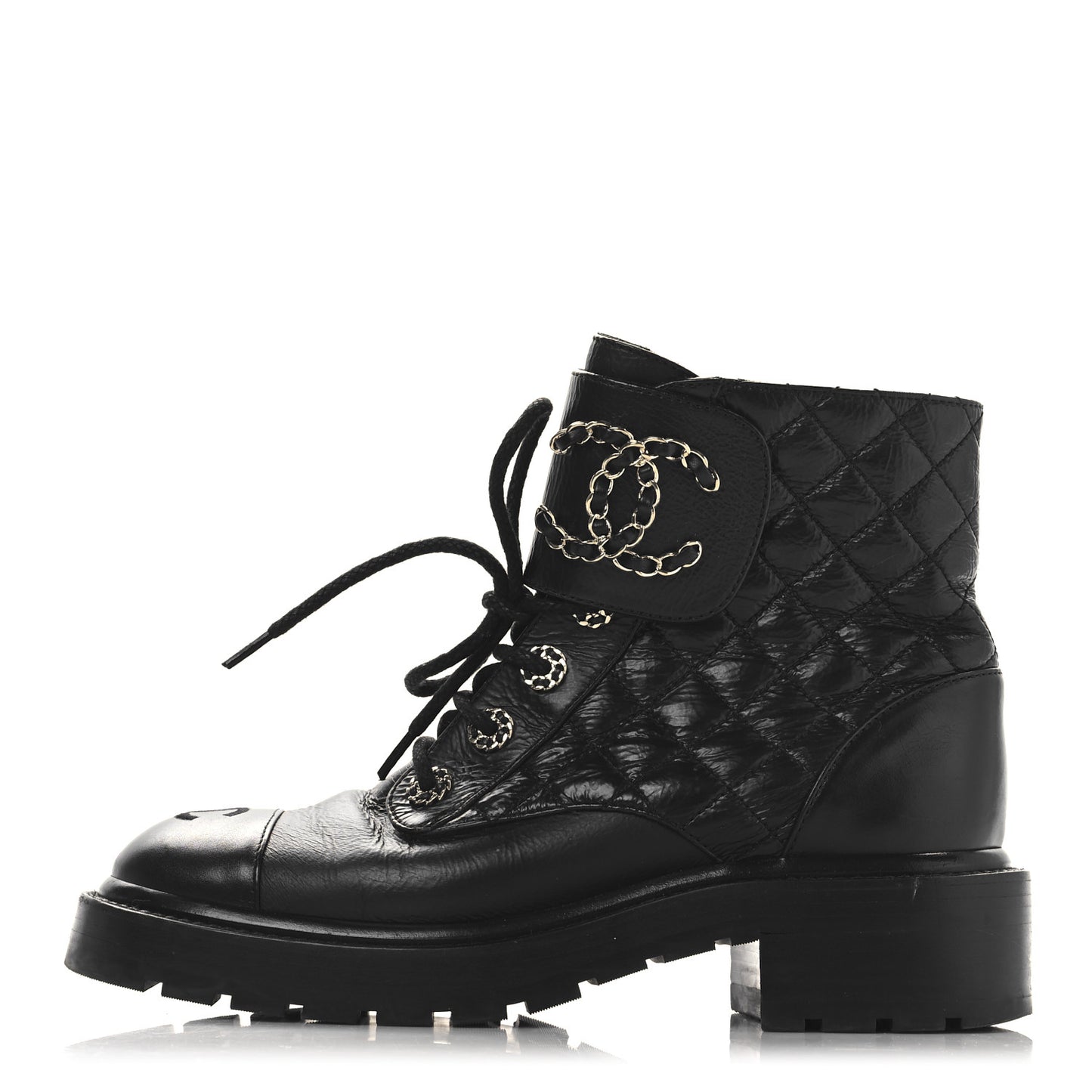 Shiny Calfskin Quilted Lace Up Combat Boots 37 Black