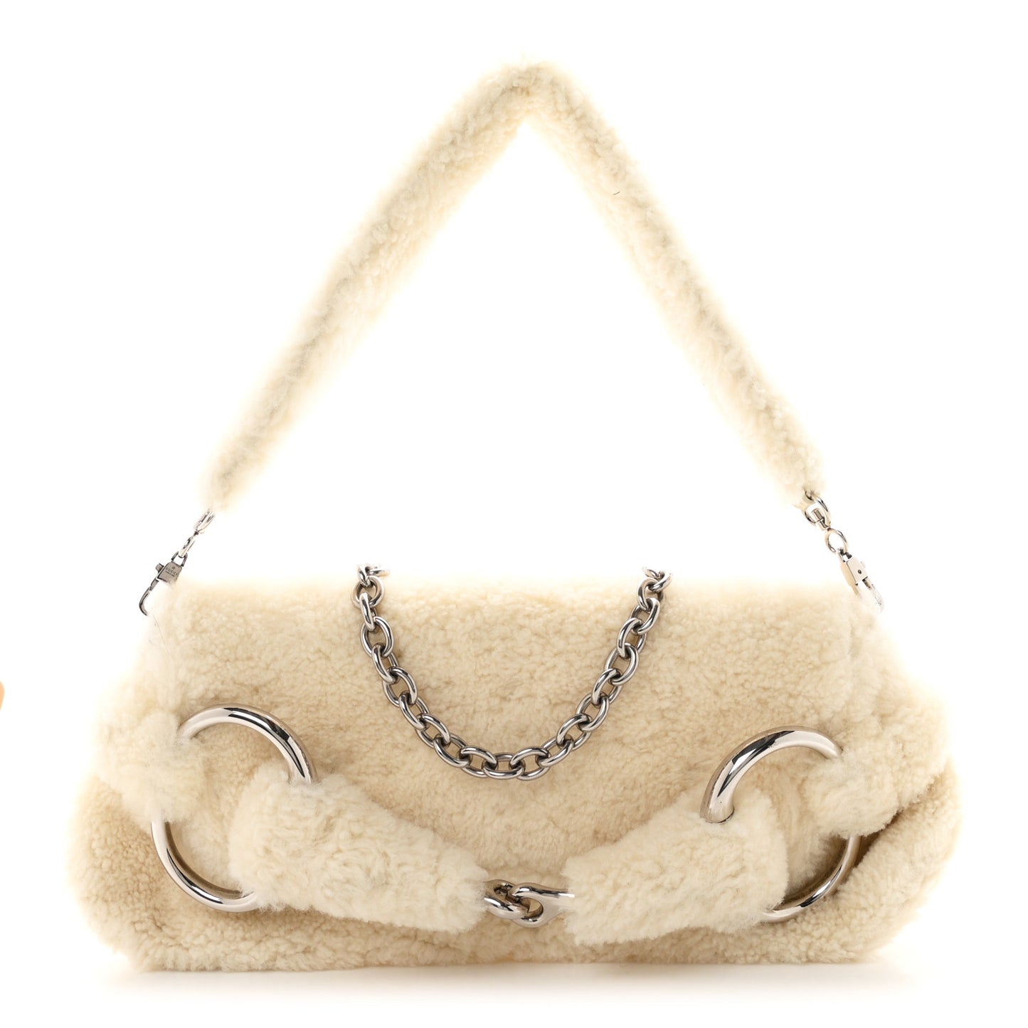 Merino Wool Medium Maxi Horsebit Chain Shoulder Bag Off White