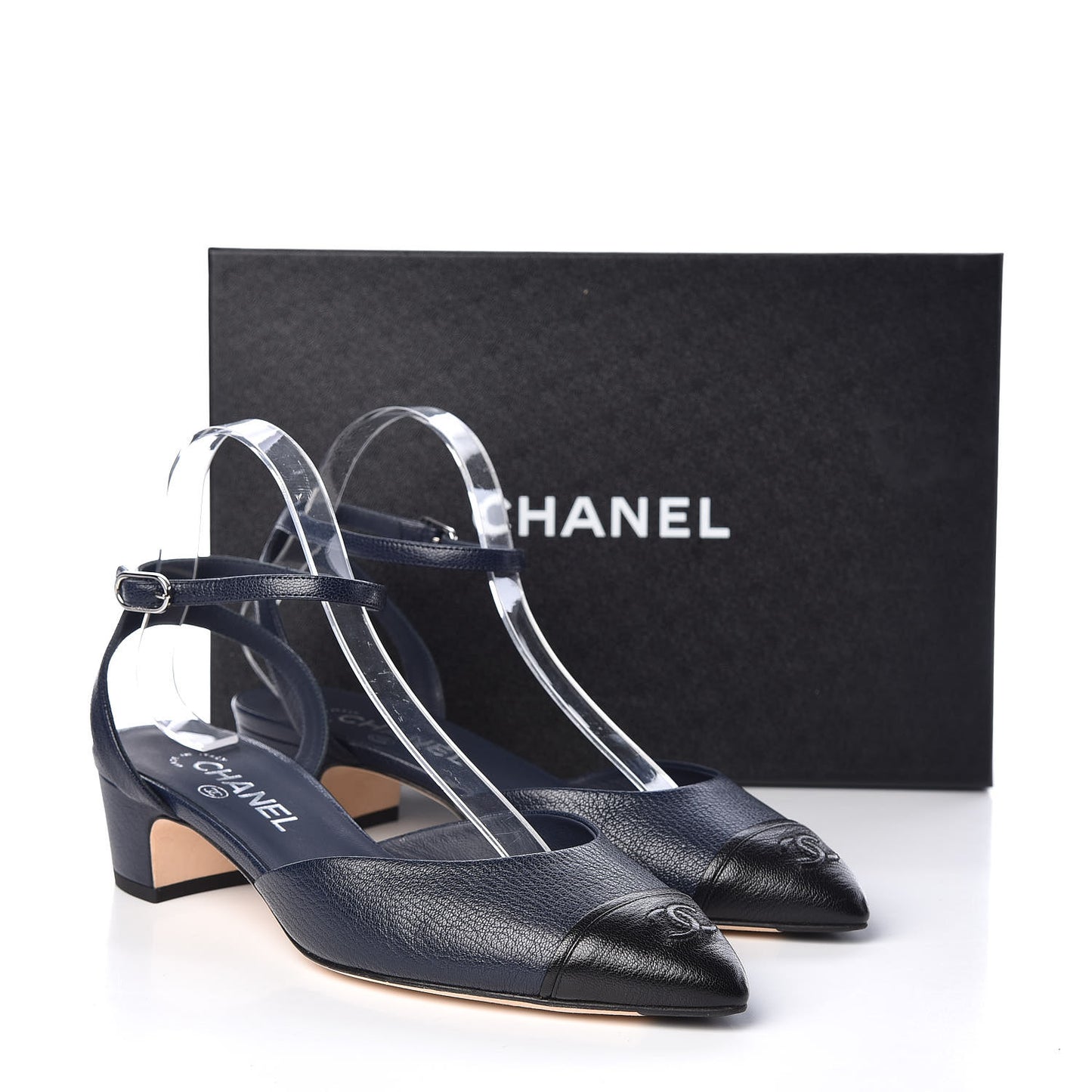 Goatskin Cap Toe CC Slingback Pumps 40 Navy Black