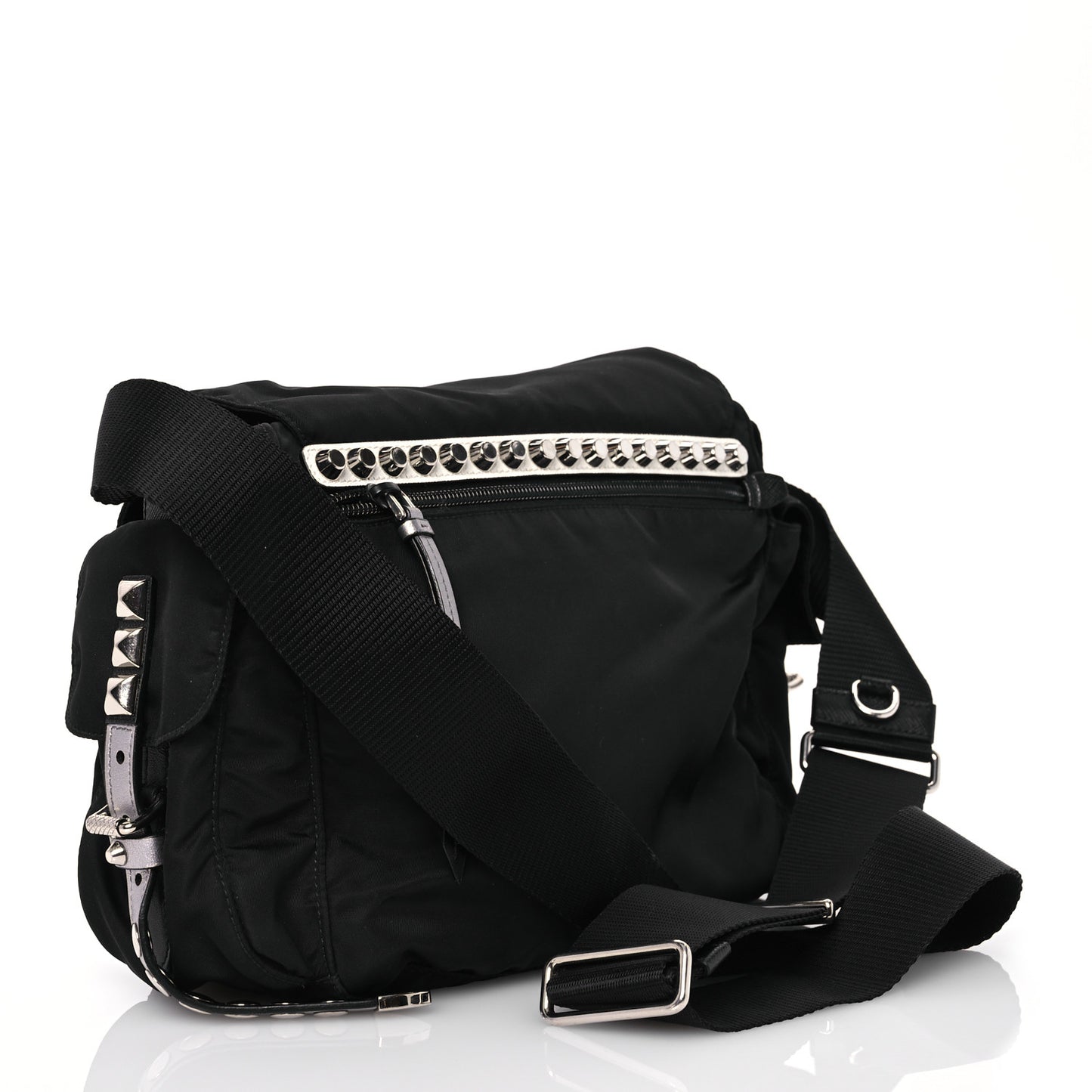 Nylon New Vela Studded Messenger Bag Black