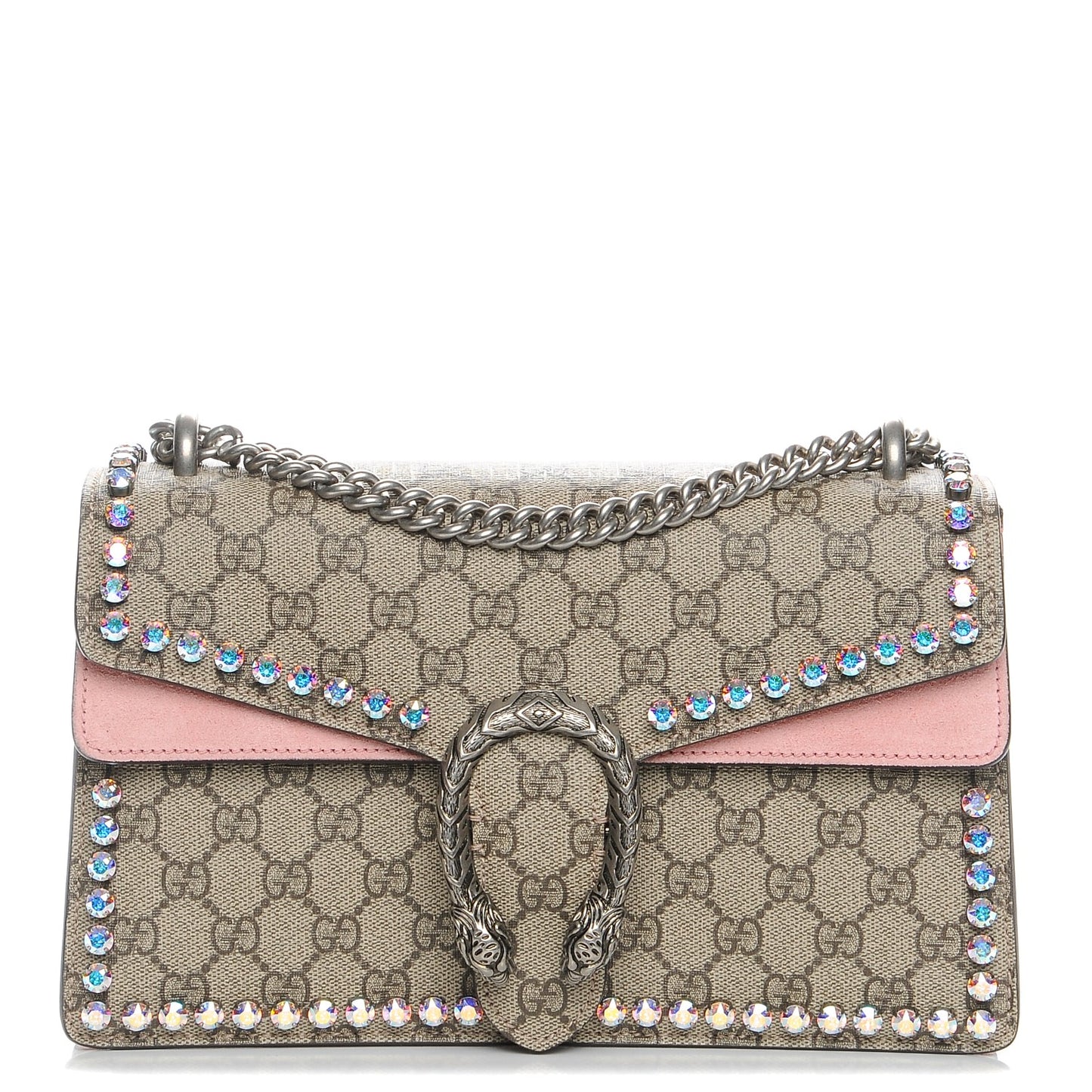 GG Supreme Monogram Suede Crystal Small Dionysus Shoulder Bag Beige Ebony Light Peonia