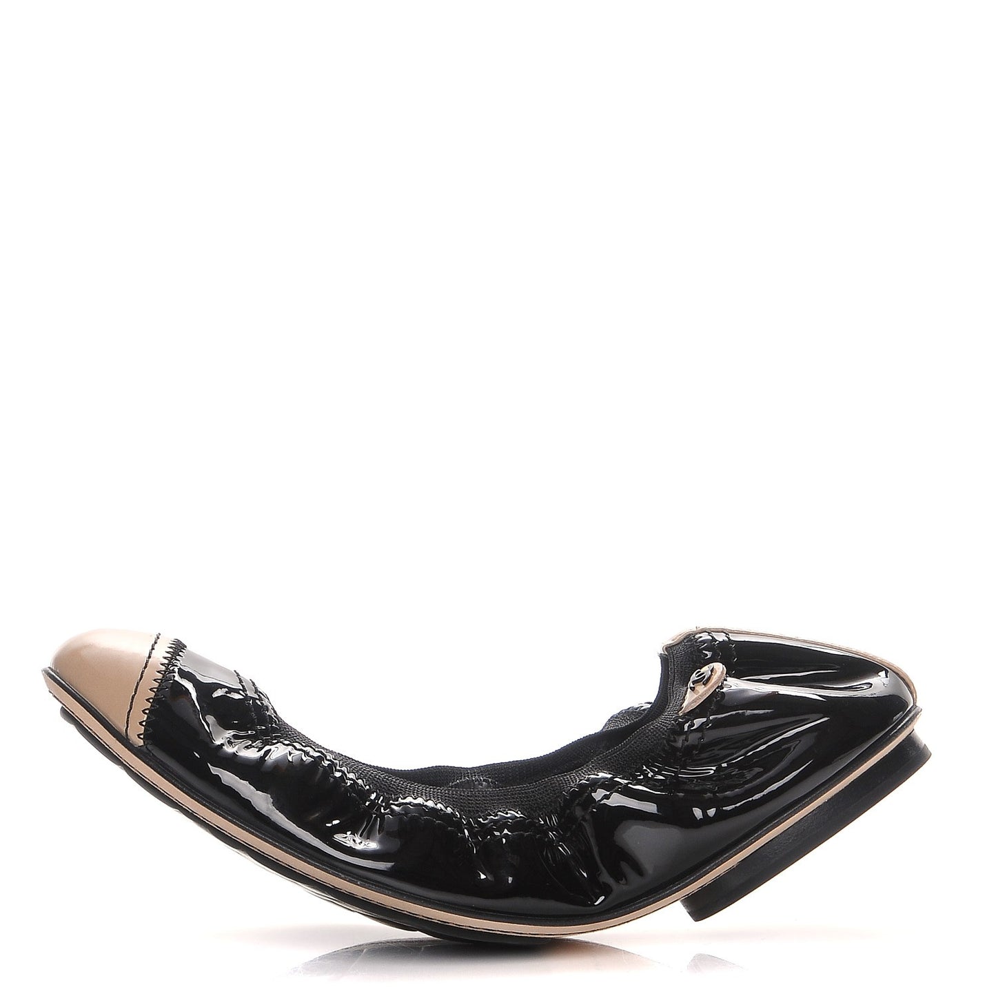 Patent Calfskin Elastic Cap Toe Ballerina Flats 37 Black Beige