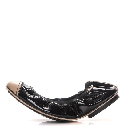 Chanel Patent Calfskin Elastic Cap Toe Ballerina Flats 37 Black Beige 1 of 8