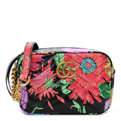 Gucci X KEN SCOTT Calfskin Matelasse Floral Print Mini GG Marmont Chain Shoulder Bag Black Pink 1 of 11