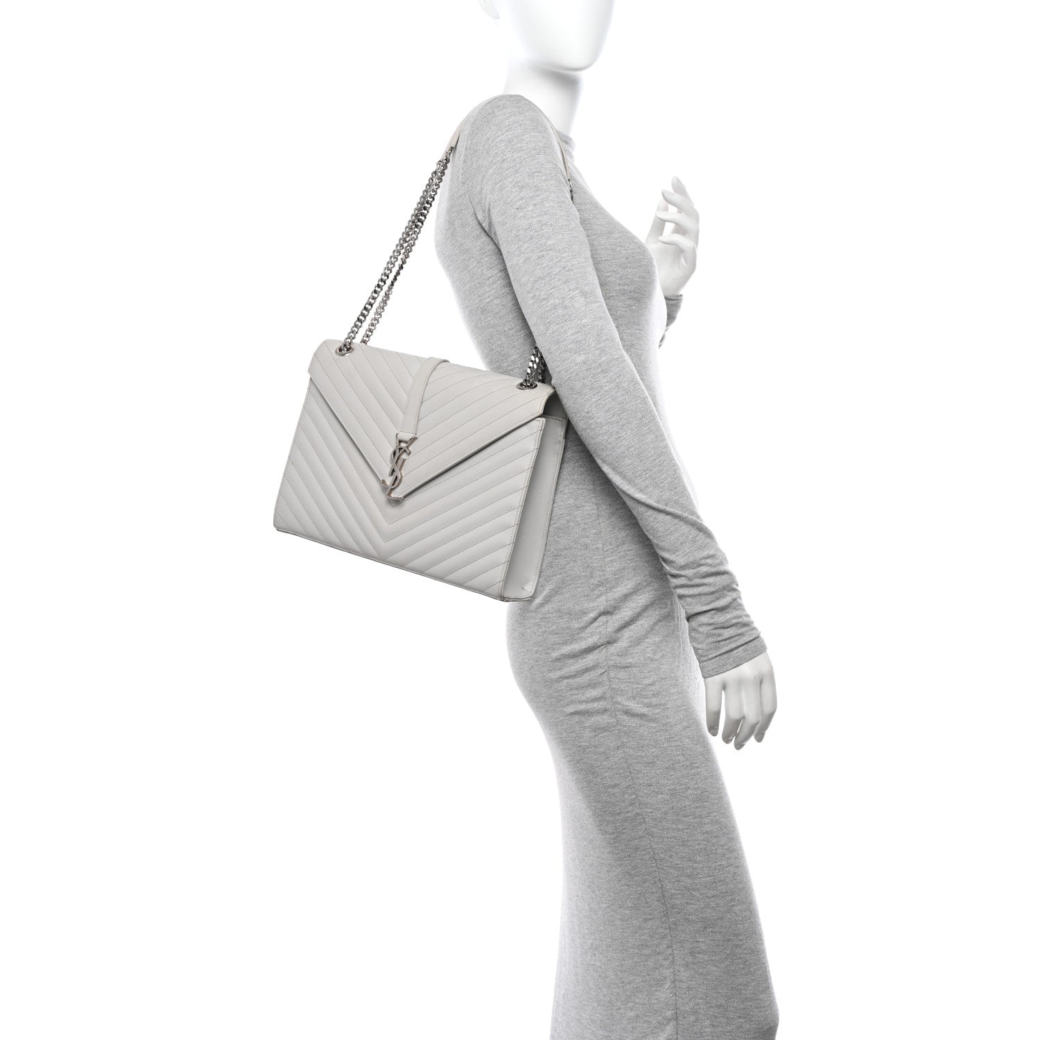 Saint Laurent Grain De Poudre Matelasse Chevron Large Monogram Satchel Gris Perle 2 of 11