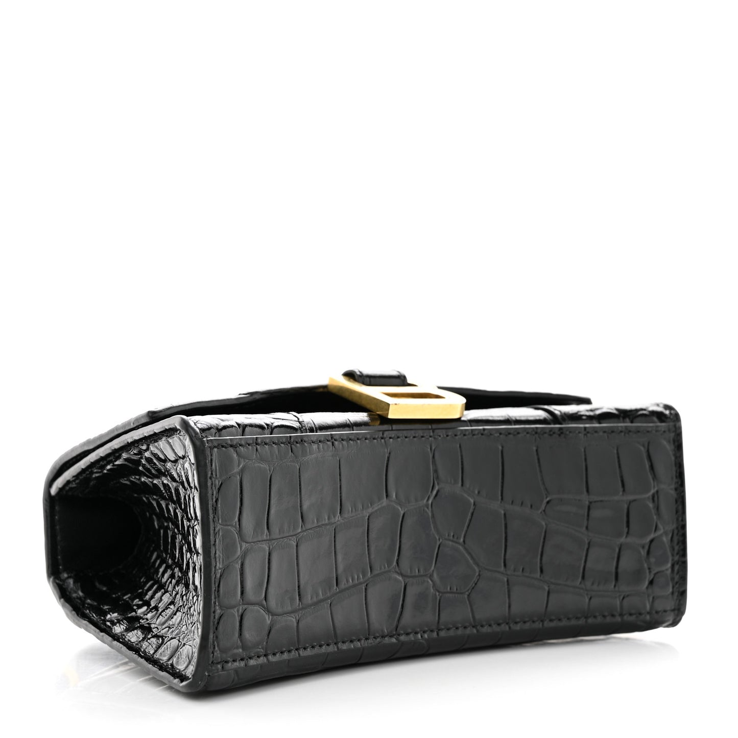 Shiny Calfskin Crocodile Embossed Hourglass Top Handle Bag XS Black