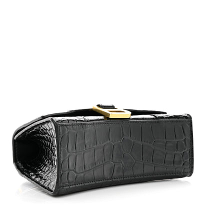 Balenciaga Shiny Calfskin Crocodile Embossed Hourglass Top Handle Bag XS Black 4 of 10