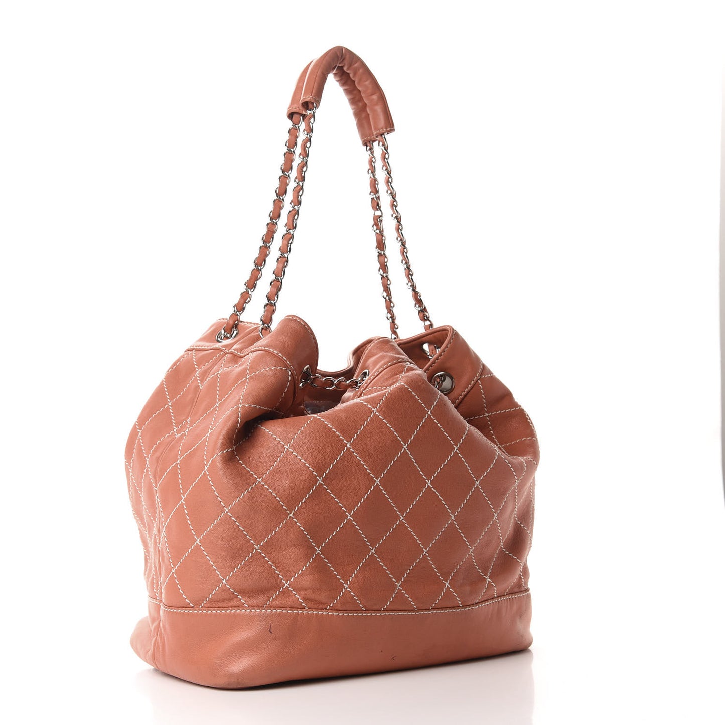 Lambskin Contrast Stitch Large Drawstring Tote Coral