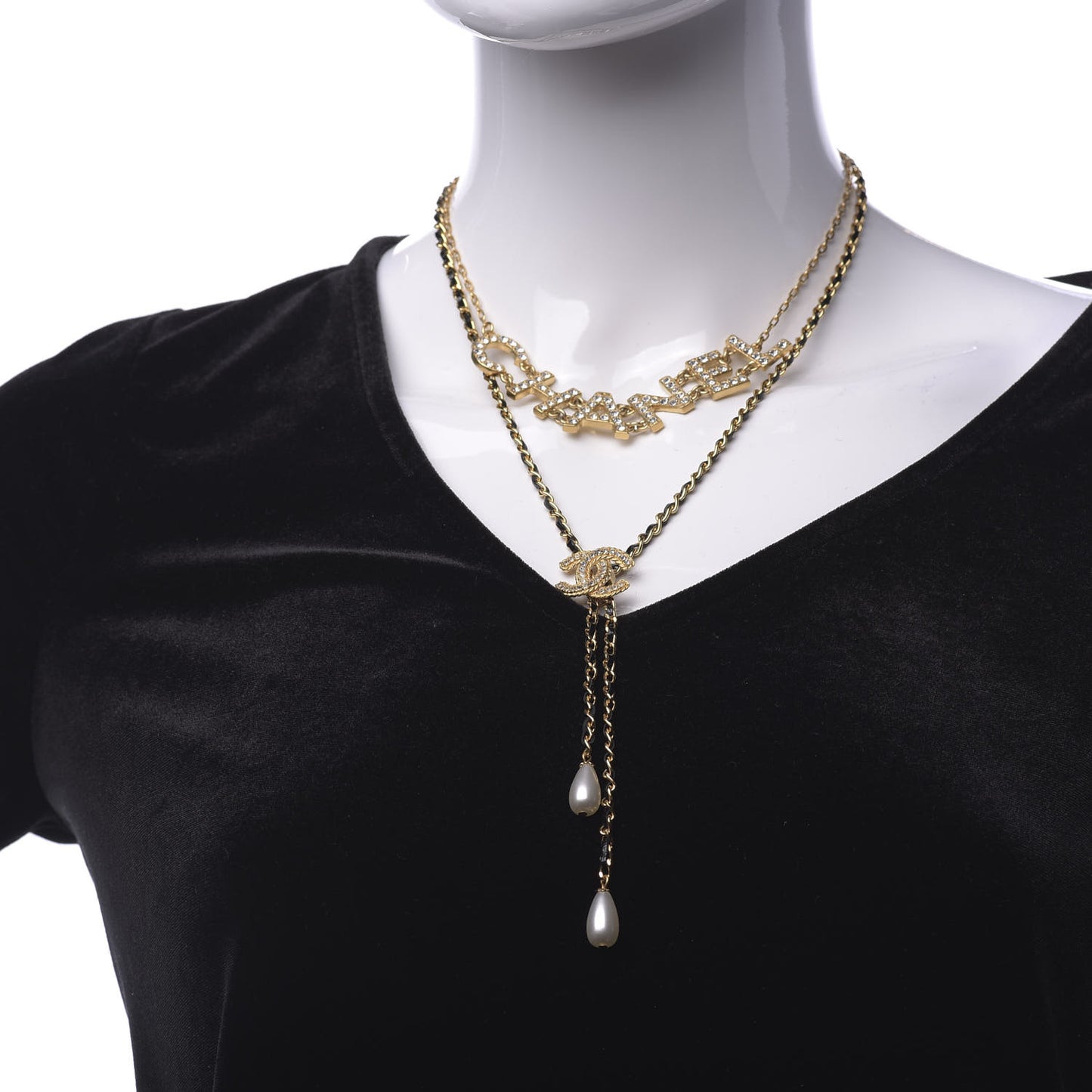 Lambskin Crystal Pearl Logo CC Double Strand Necklace Gold White Black