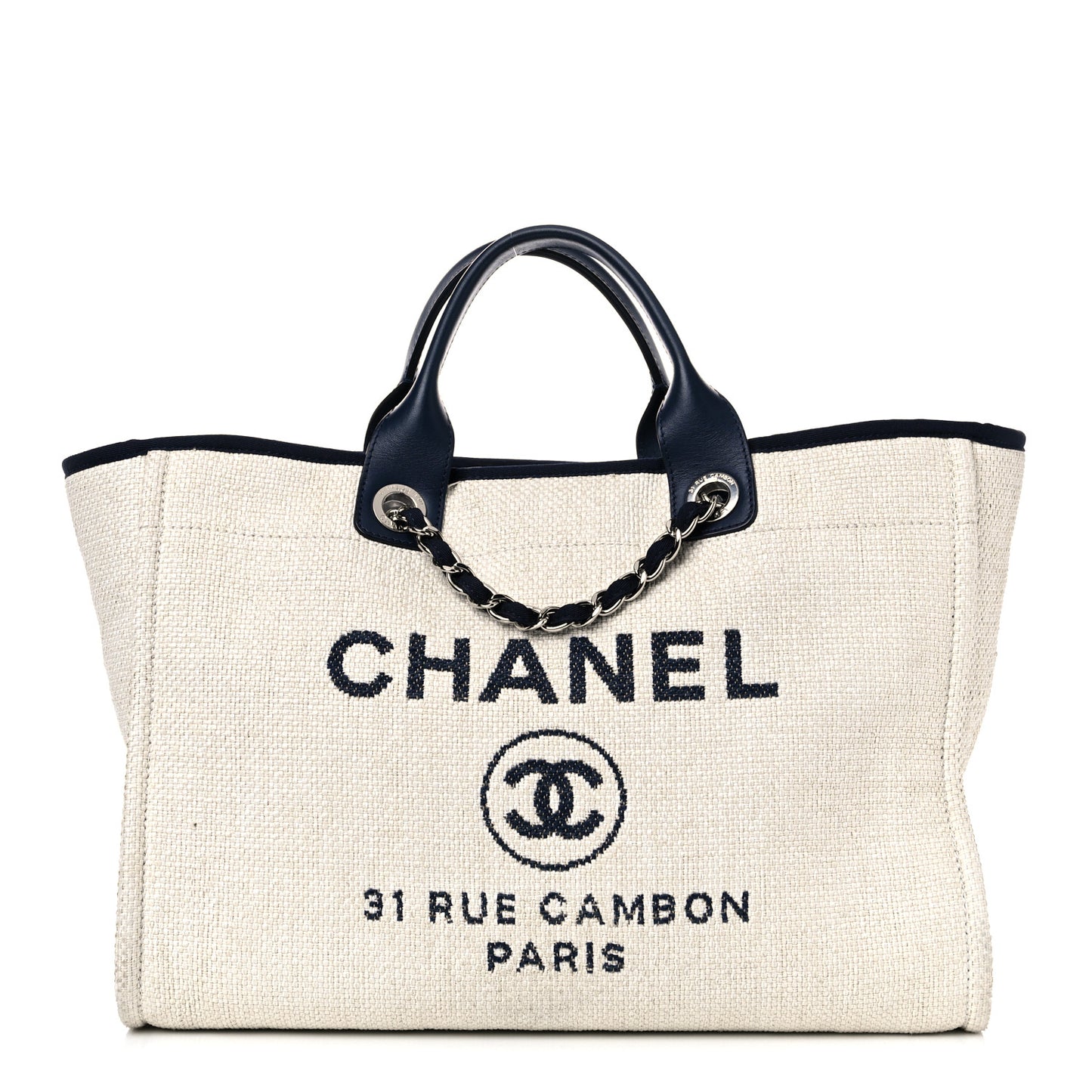 Woven Straw Raffia Medium Deauville Tote White Navy