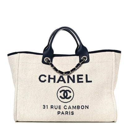 Chanel Woven Straw Raffia Medium Deauville Tote White Navy 1 of 12