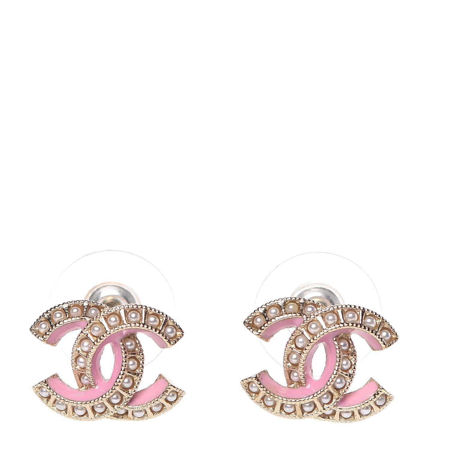 Chanel Metal Pearl Enamel CC Earrings Gold Pink 1 of 5