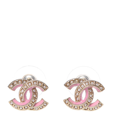 Chanel Metal Pearl Enamel CC Earrings Gold Pink 1 of 5