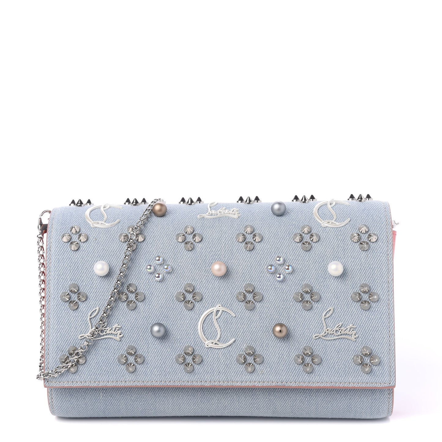 Denim Calfskin Patent Pearl Spikes Loubinthesky Paloma Clutch Paloma Blue