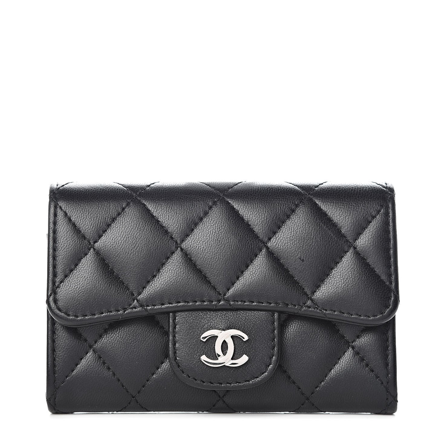 Lambskin Quilted Flap Card Holder Black