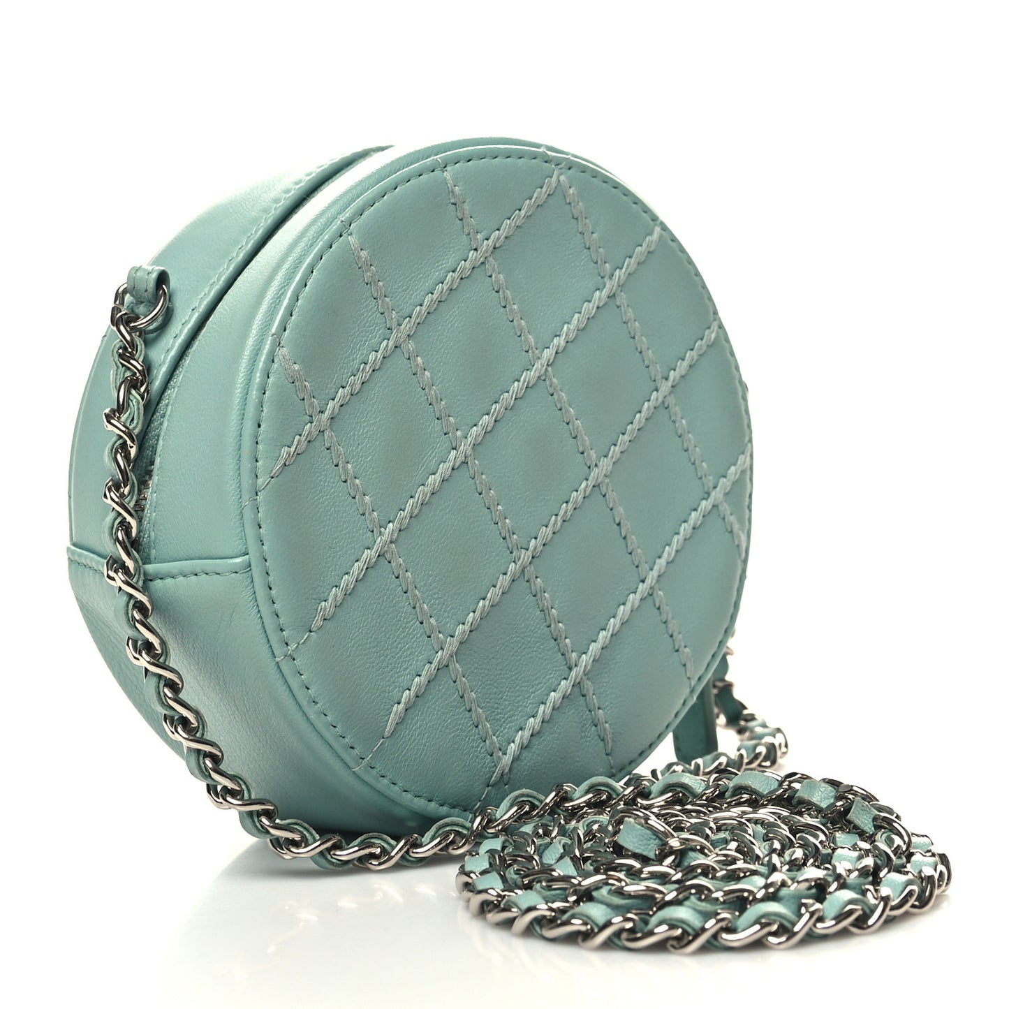 Lambskin Stitch Round Clutch With Chain Light Blue