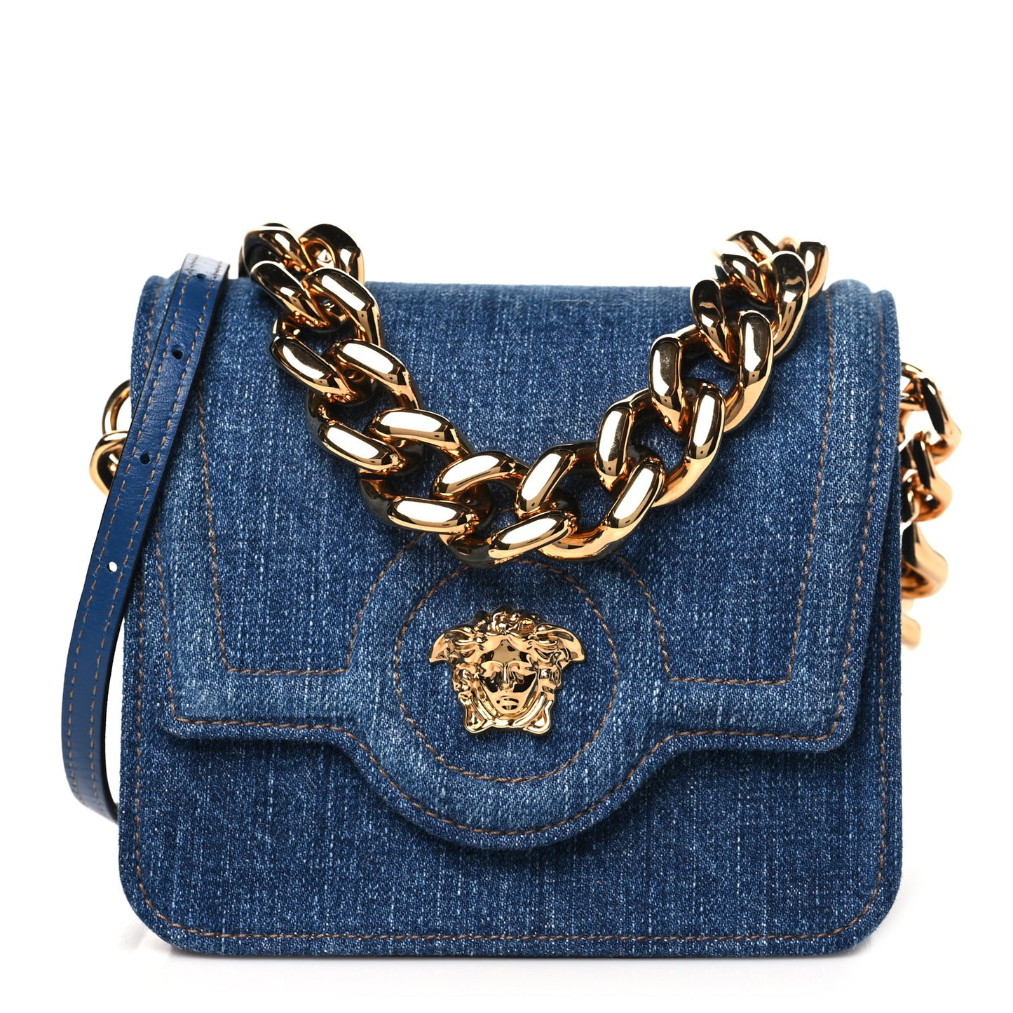Denim La Medusa Chain Shoulder Bag Navy Blue