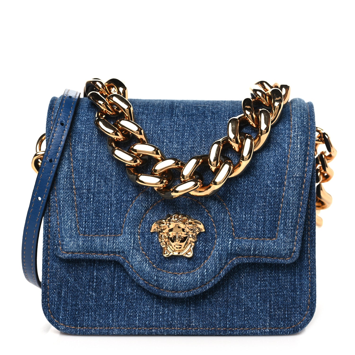 Versace Denim La Medusa Chain Shoulder Bag Navy Blue 1 of 9