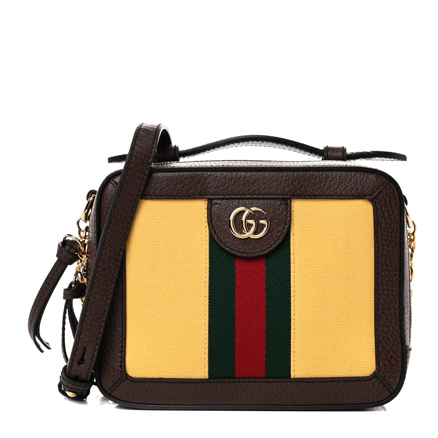 Gucci Canvas Textured Calfskin Web Mini Ophidia Top Handle Shoulder Bag Easy Yellow Dark Brown 1 of 10