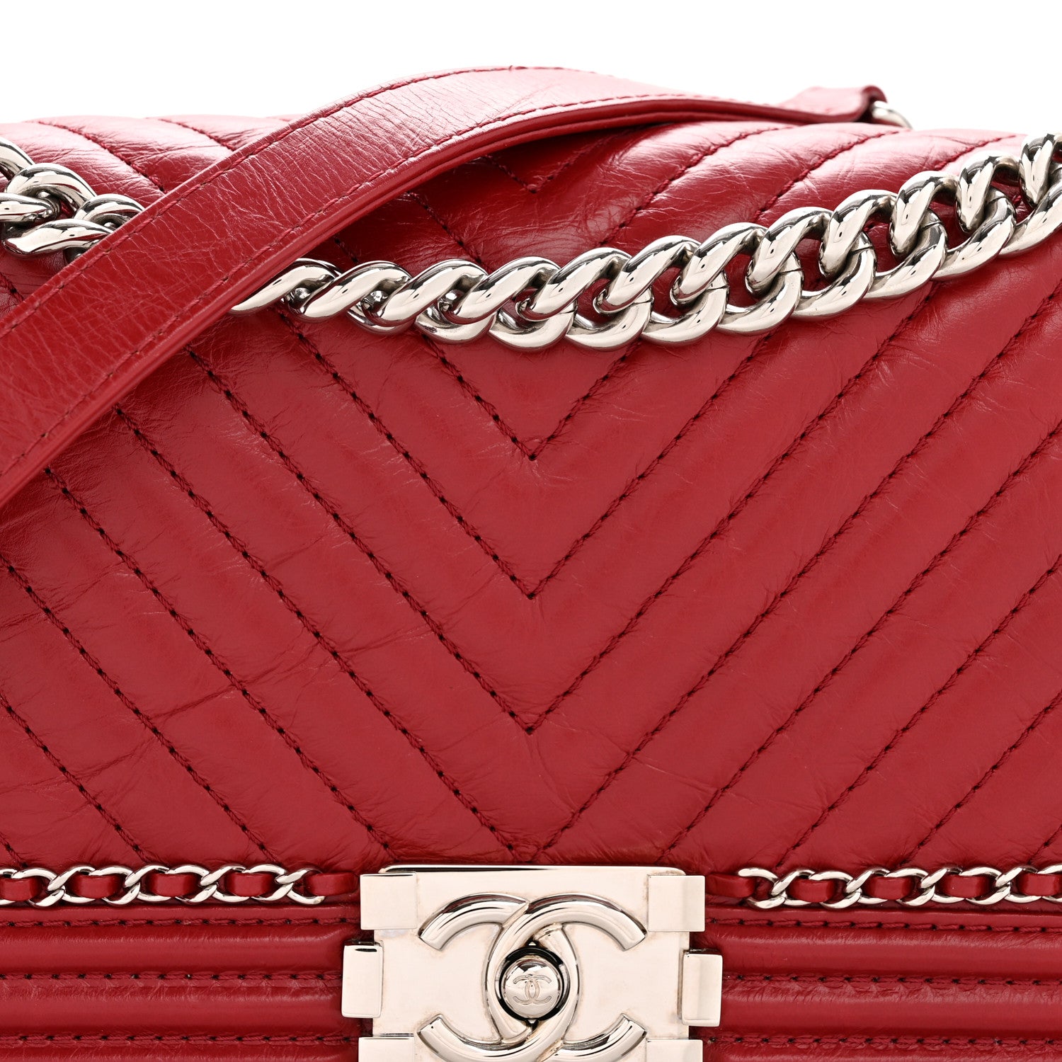 Chanel Aged Calfskin Chevron Quilted Medium Jacket Boy Flap Red 8 of 12