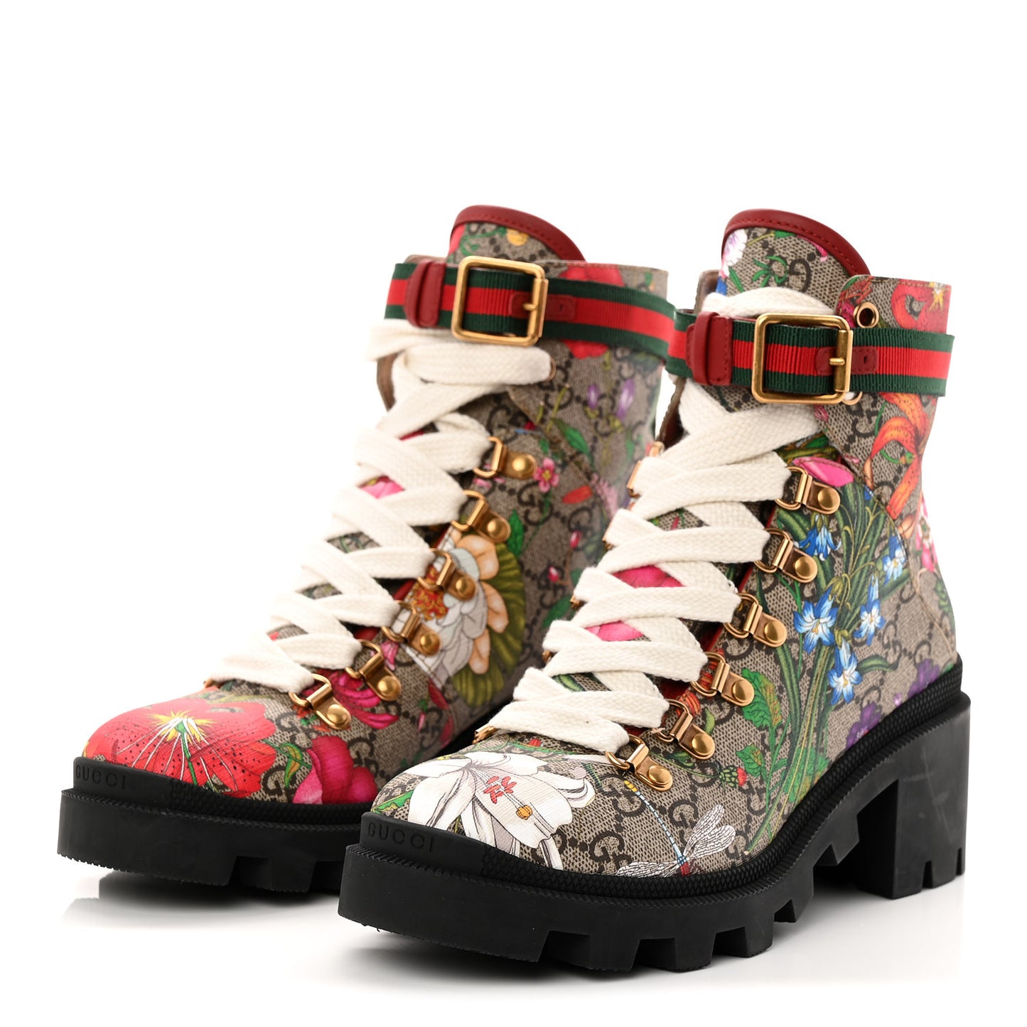 GG Supreme Monogram Flora Lace Up Combat Ankle Boots 37 Beige Multicolor Red