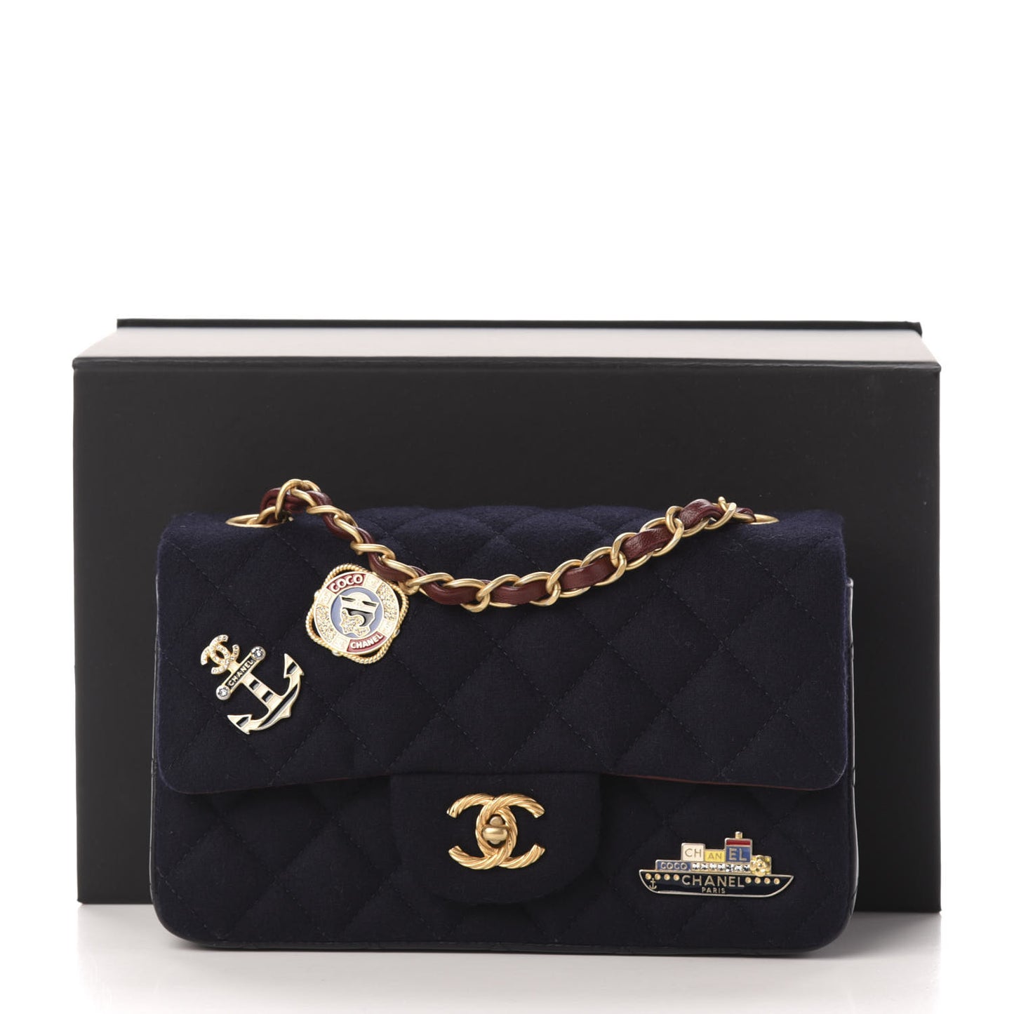 Felt Quilted Paris-Hamburg Charms Mini Rectangular Flap Dark Navy