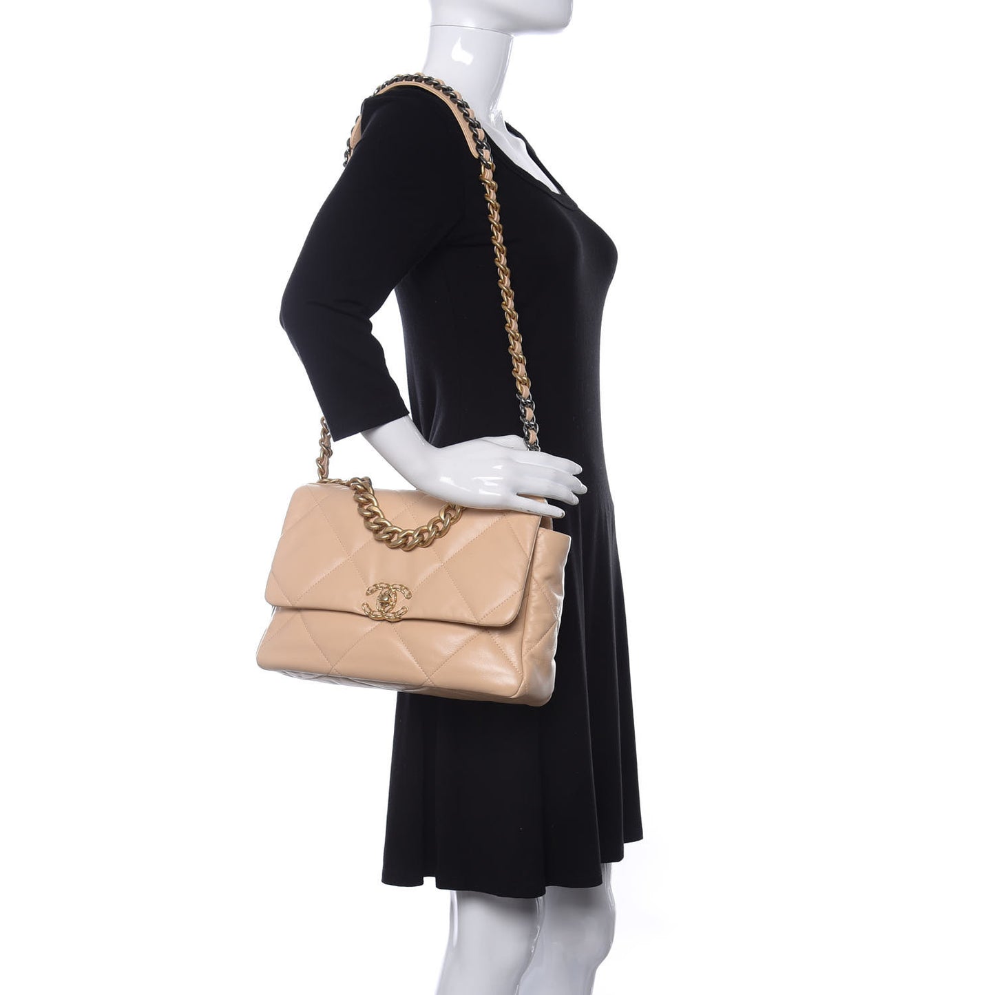 Shiny Goatskin Quilted Large Chanel 19 Flap Beige
