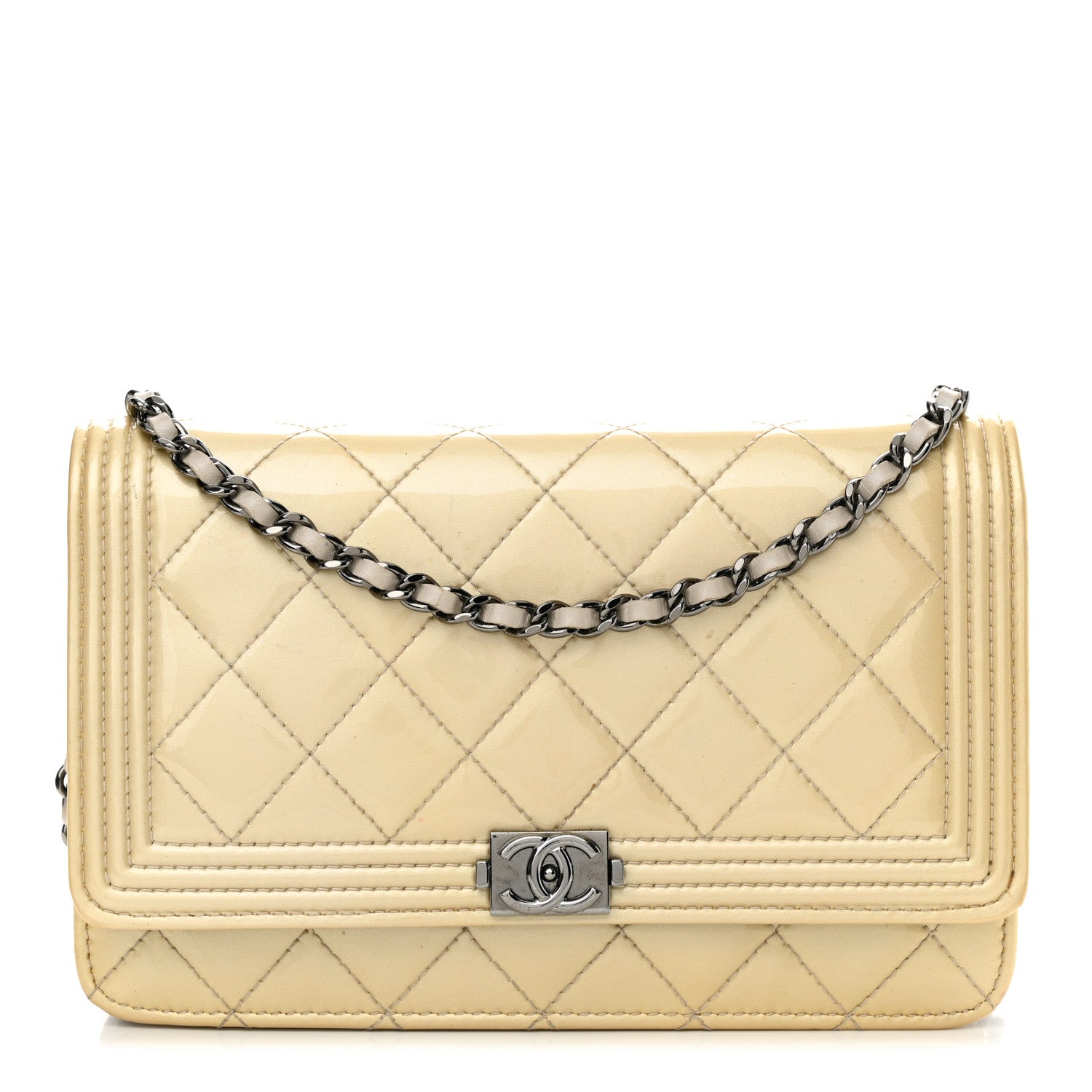 Chanel Iridescent Patent Calfskin Quilted Boy Wallet On Chain WOC Beige 1 of 15