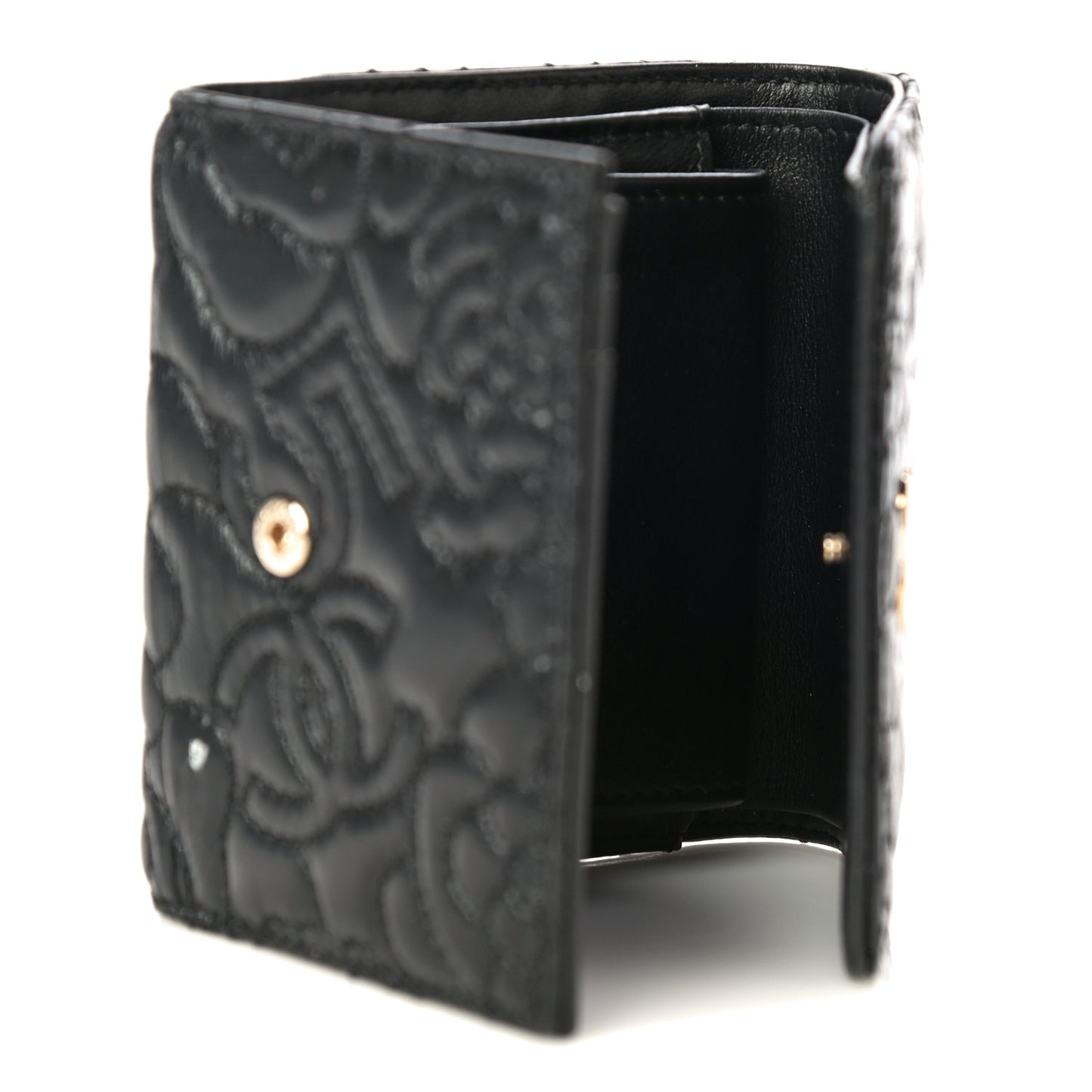 Lambskin Camellia Embossed Small Wallet Black