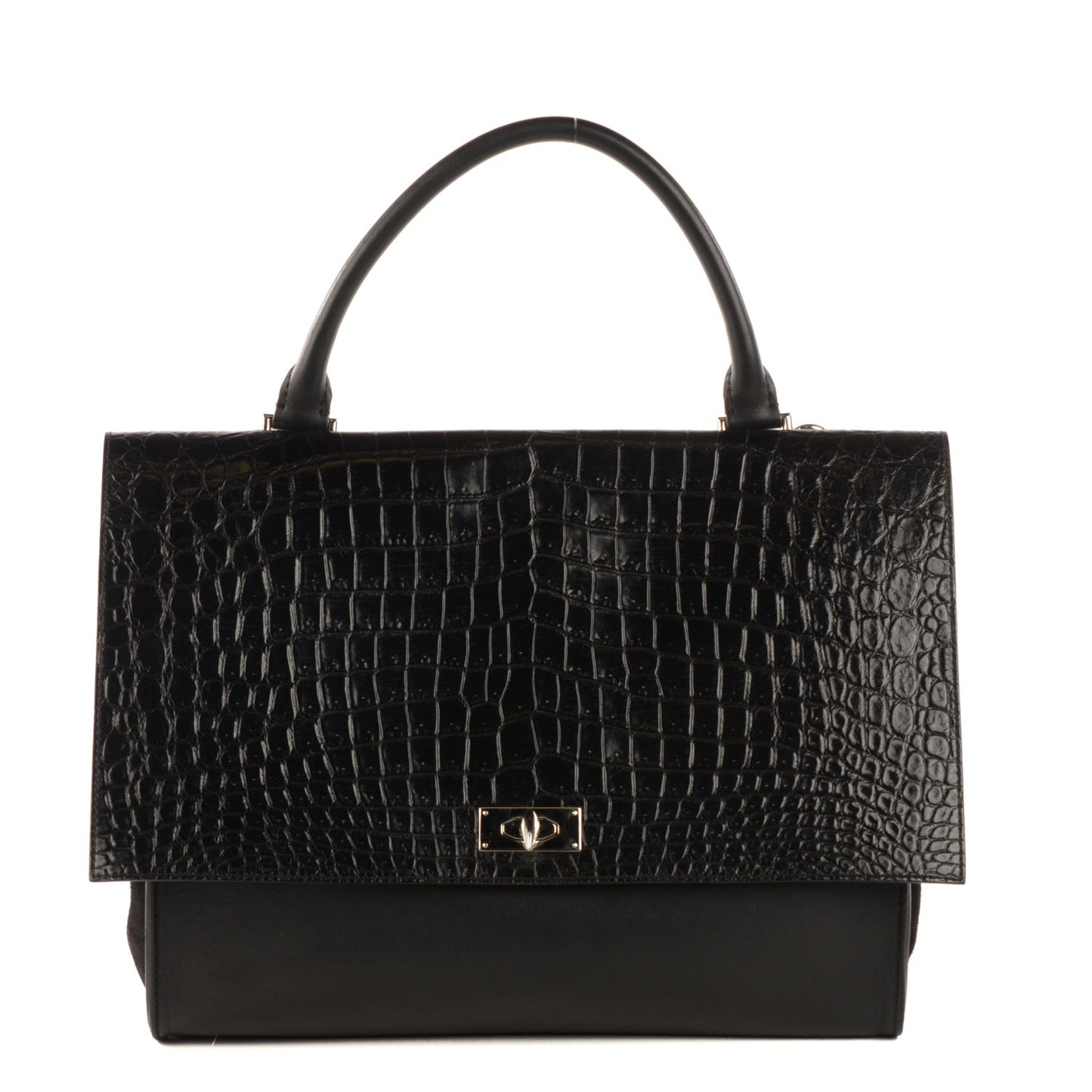 Calfskin Crocodile Embossed Medium Shark Lock Satchel Black