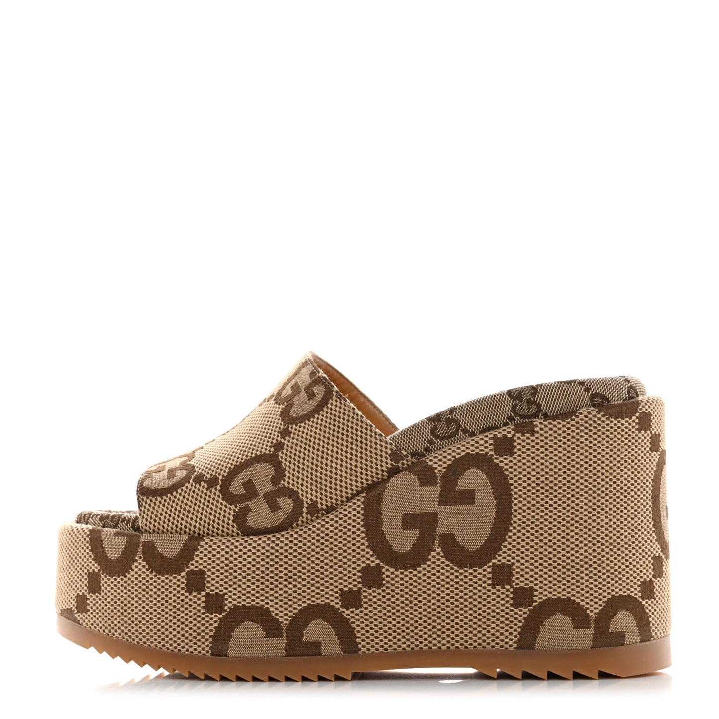 Monogram Jumbo GG Platform Slide Wedge Sandals 37.5 Camel Ebony