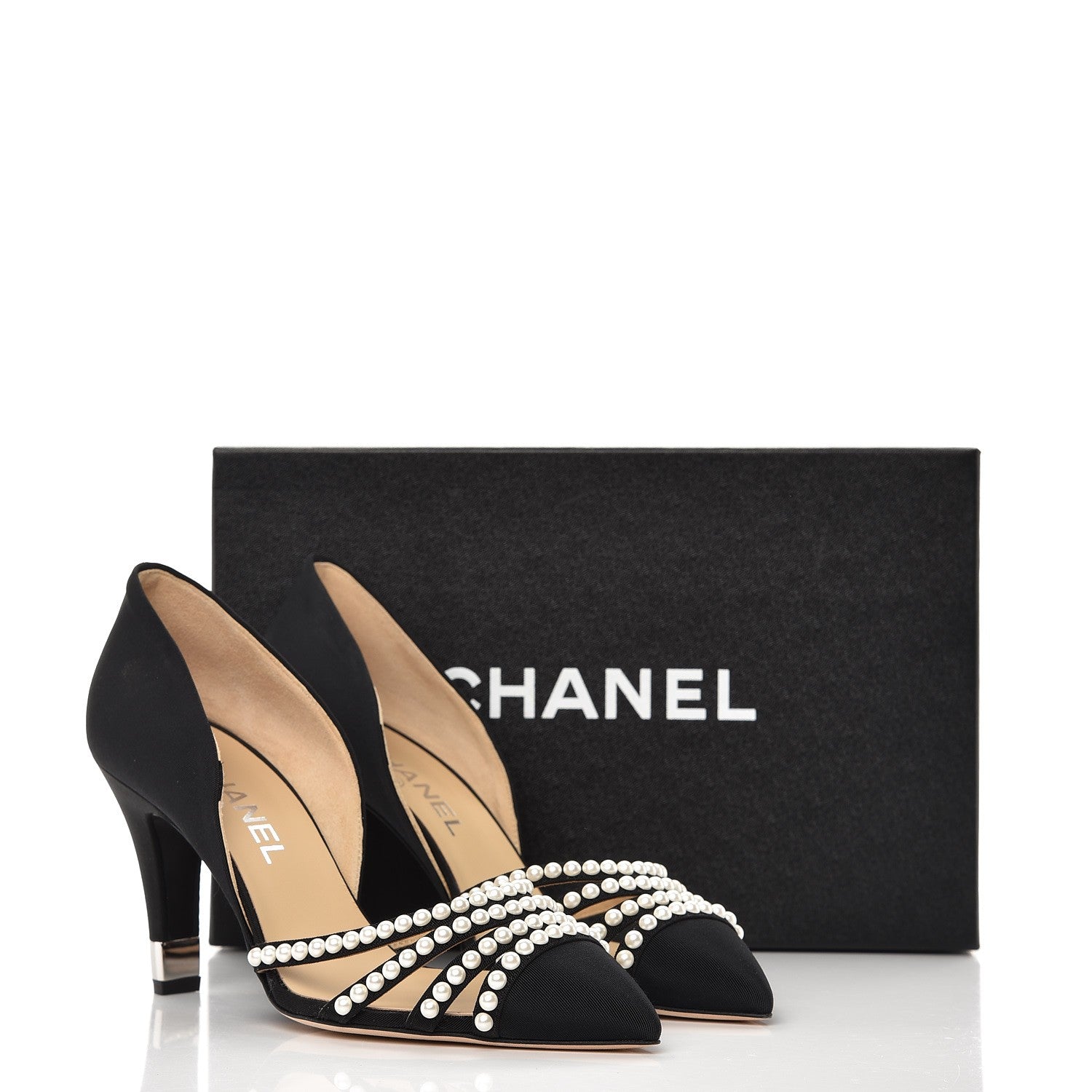 Chanel Satin Grosgrain Pearl Pumps 38 Black 8 of 8
