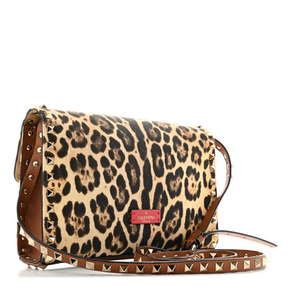 Valentino Garavani Calfskin Canvas Leopard Print Medium Rockstud Flip Lock Crossbody Bag Tan 3 of 12