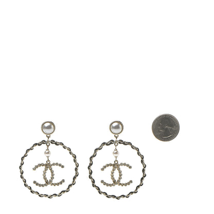 Chanel Lambskin Crystal Pearl CC Chain Hoop Earrings Gold Black 2 of 5