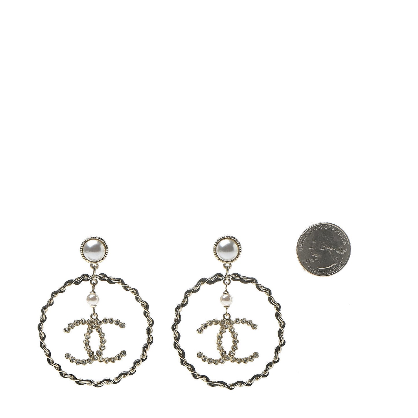 Lambskin Crystal Pearl CC Chain Hoop Earrings Gold Black