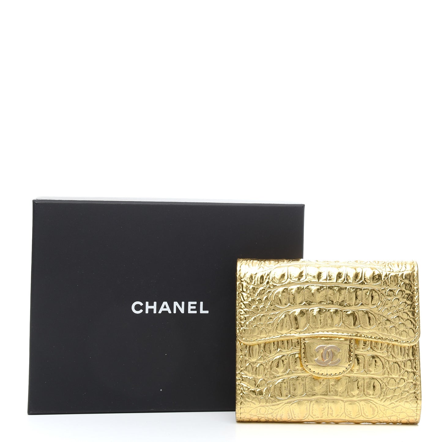 Metallic Calfskin Crocodile Embossed Cocodile Compact Flap Wallet Gold