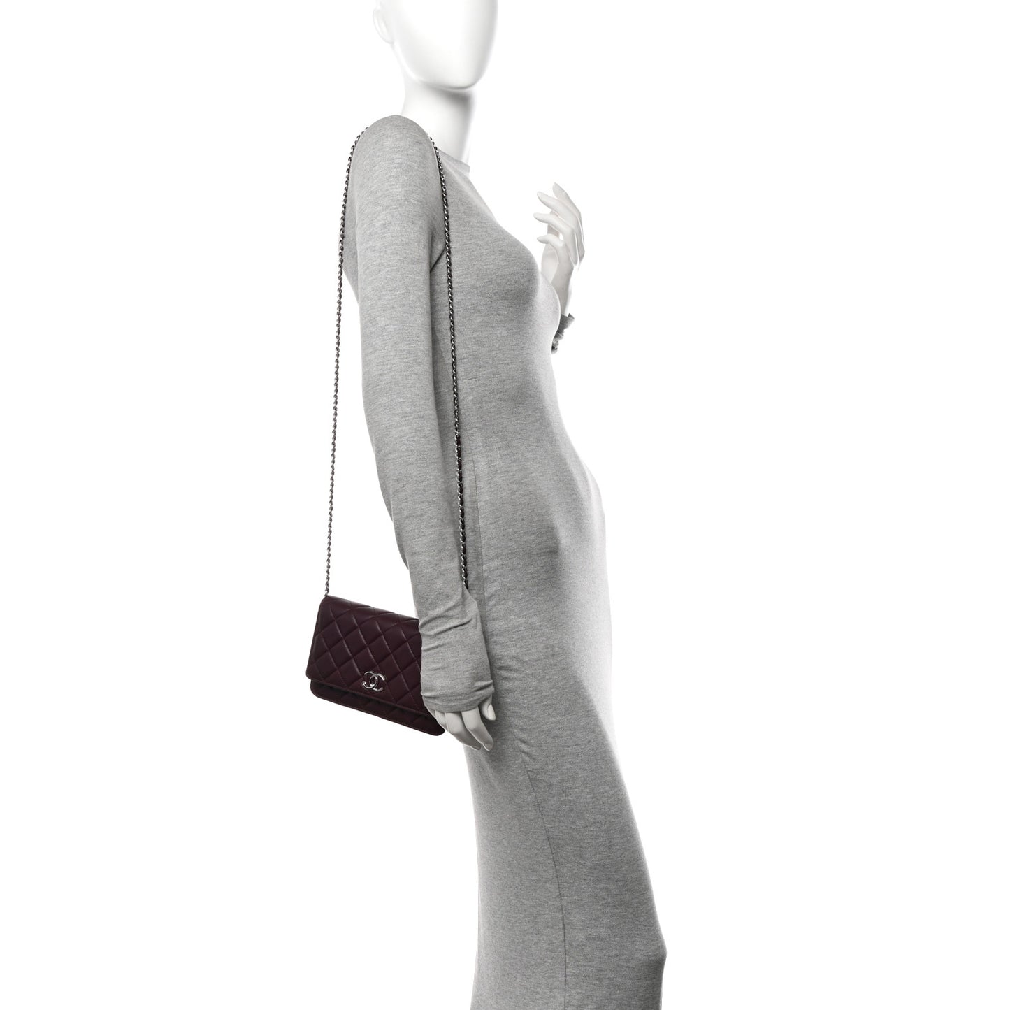 Lambskin Quilted Enamel CC Wallet On Chain WOC Burgundy