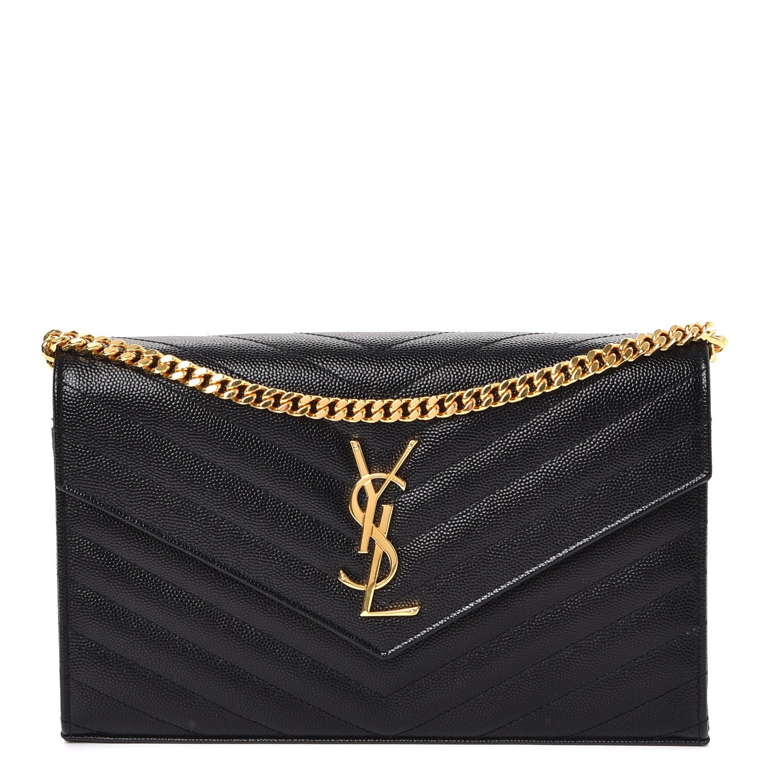 Saint Laurent Grain De Poudre Matelasse Chevron Monogram Chain Wallet Black 1 of 9