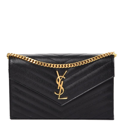 Saint Laurent Grain De Poudre Matelasse Chevron Monogram Chain Wallet Black 1 of 9