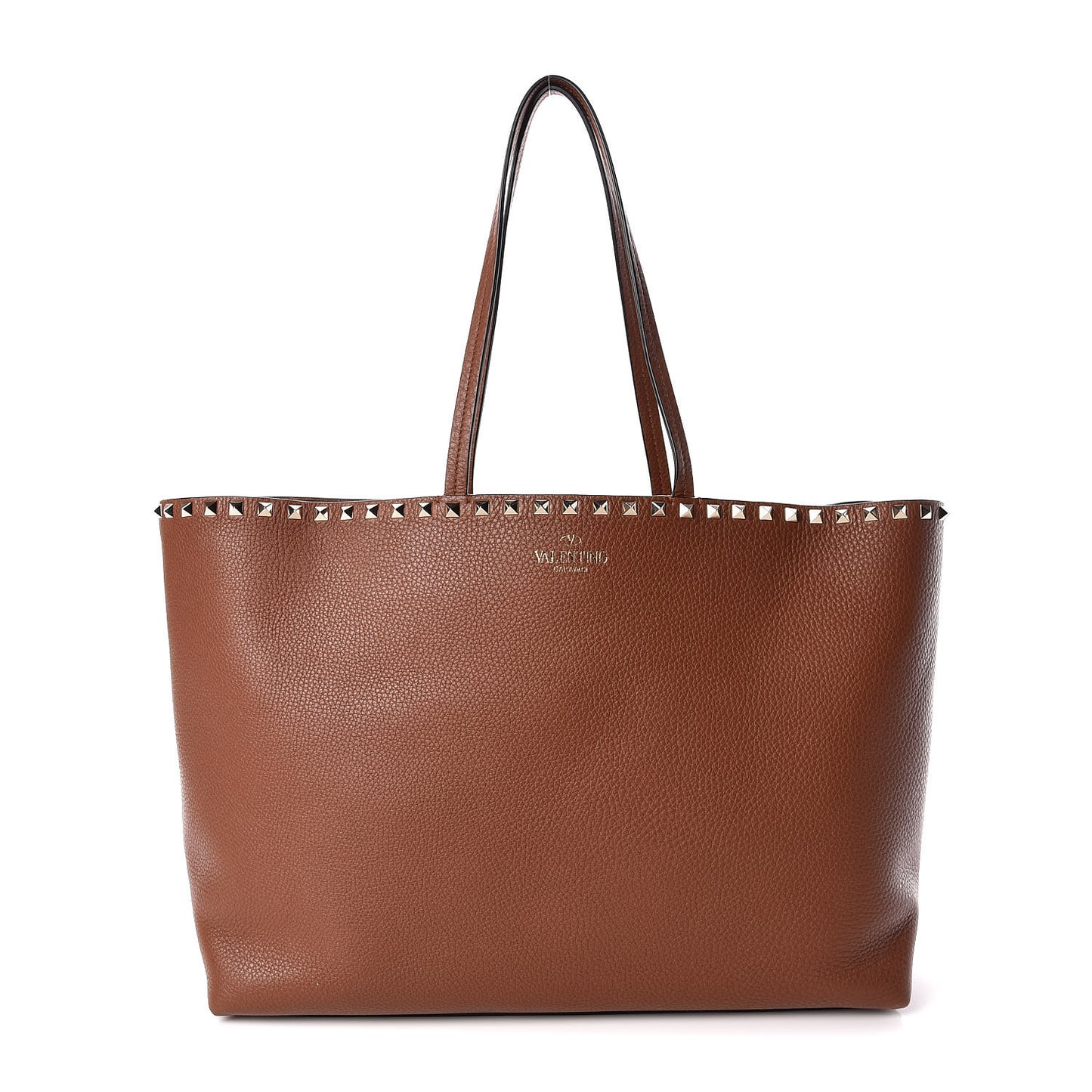 Grained Calfskin Rockstud Shoulder Tote Bright Cognac