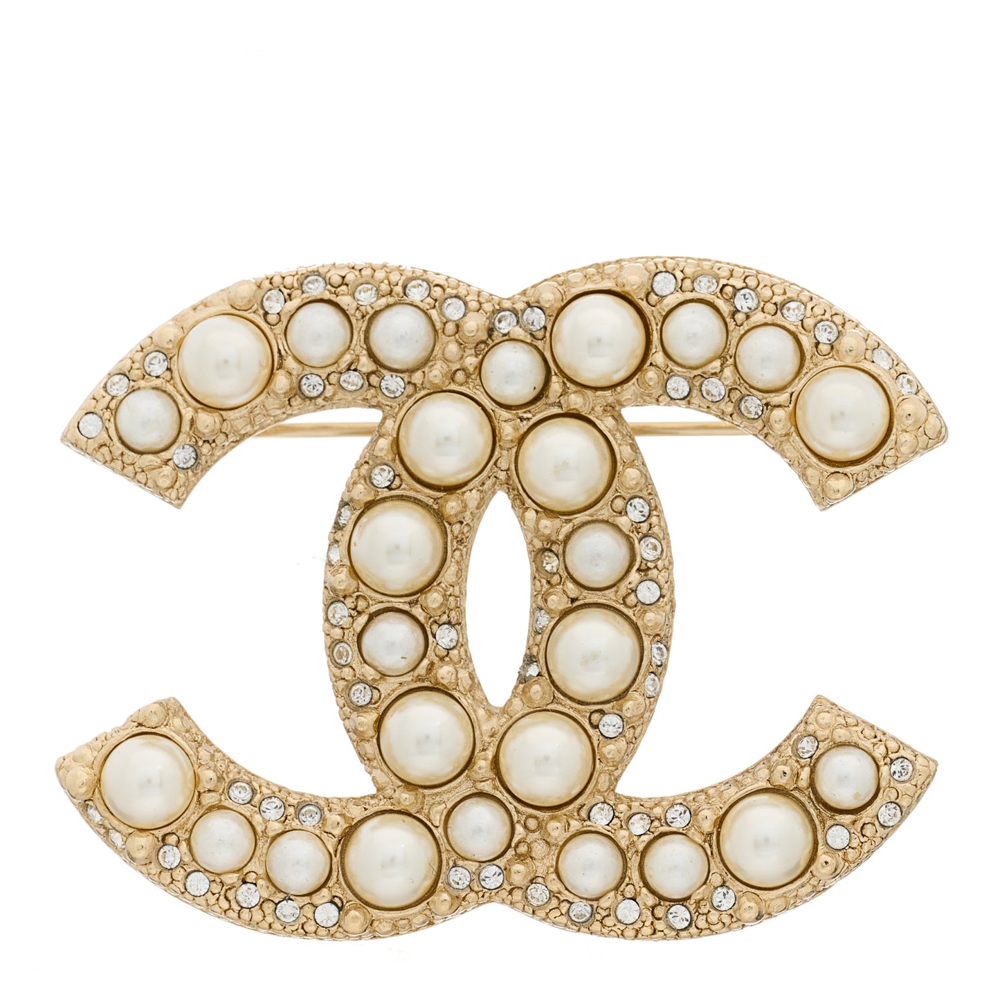 Metal Crystal Graduated Pearl CC Brooch Gold