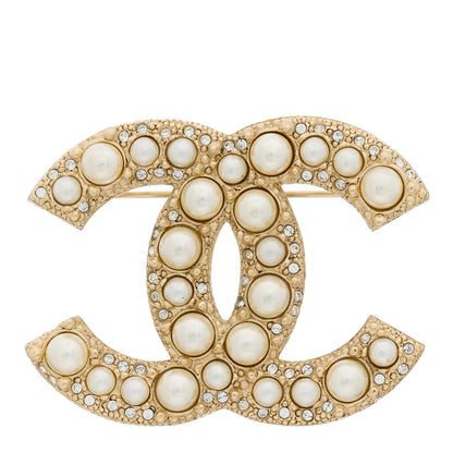 Chanel Metal Crystal Graduated Pearl CC Brooch Gold 1 of 5