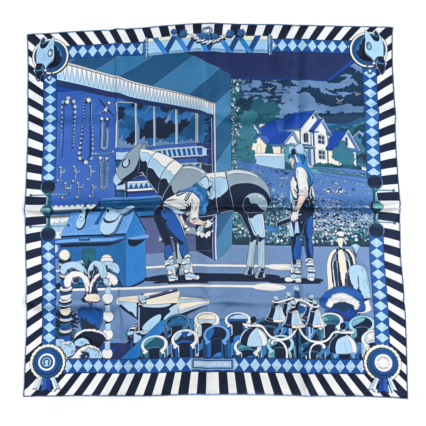 Silk Pony Pit Stop Double Face Scarf 90 Bleu Cobalt Blanc
