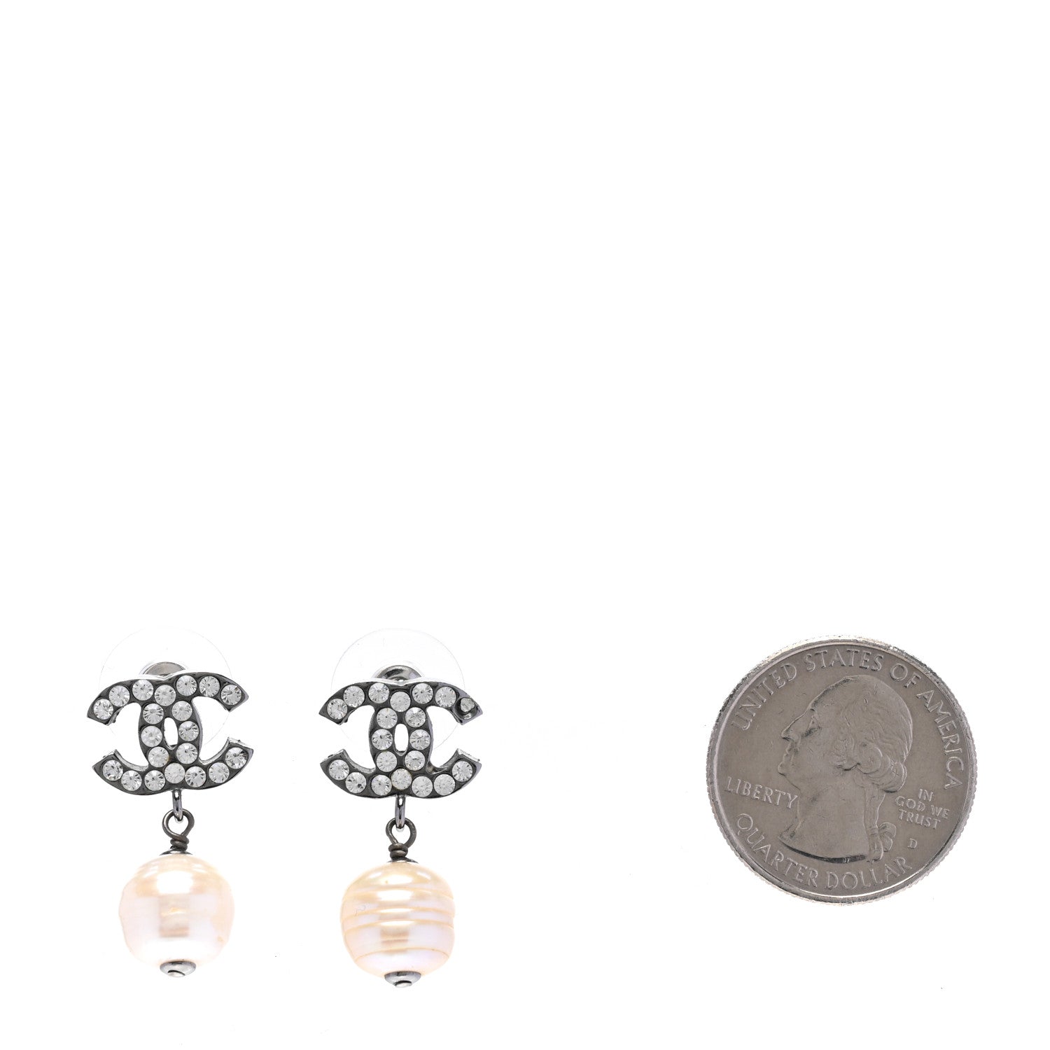 Chanel Crystal Pearl CC Drop Earrings Silver Pearly White 2 of 4