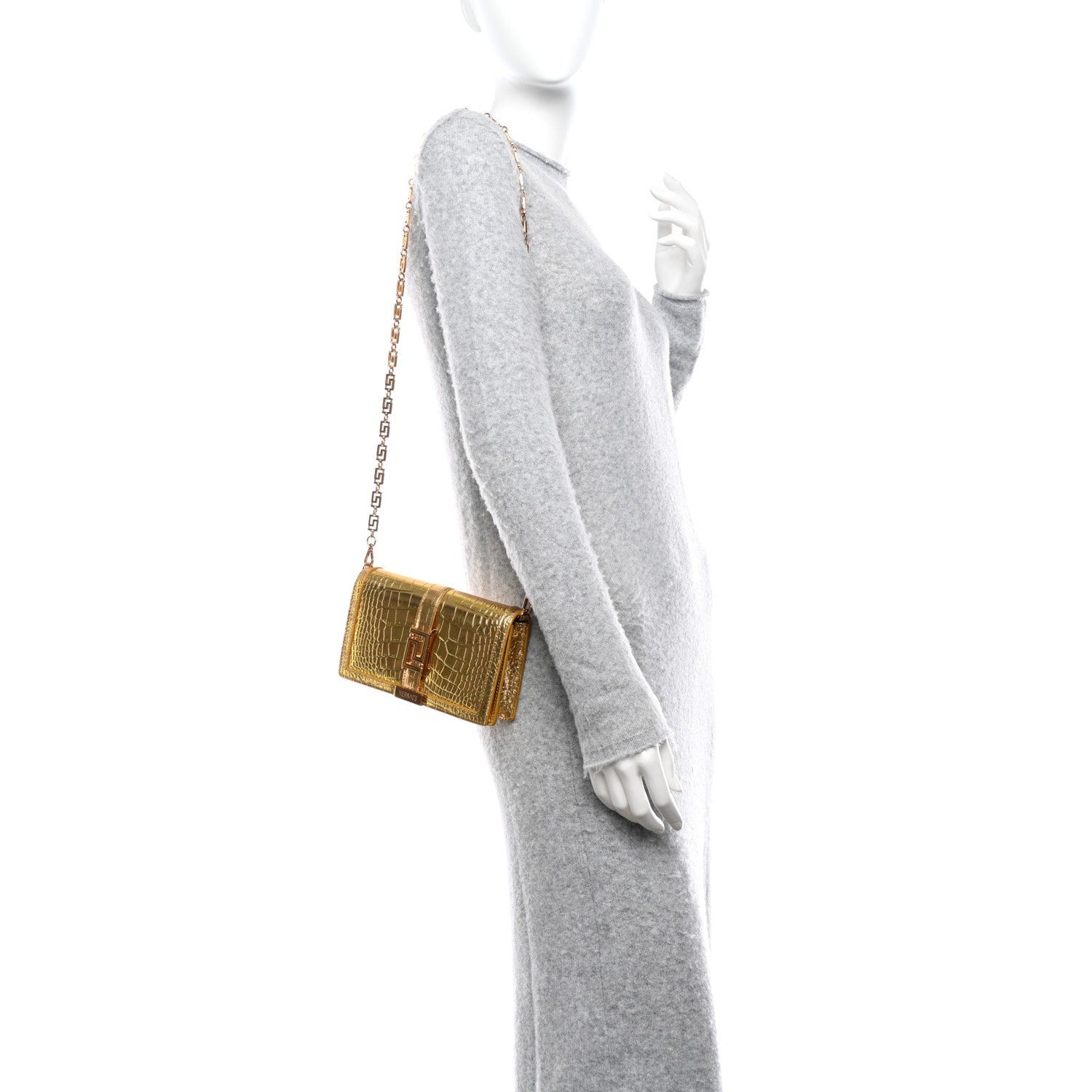 Versace Metallic Crocodile Embossed Calfskin Greca Goddess Wallet On Chain Gold 1 of 10