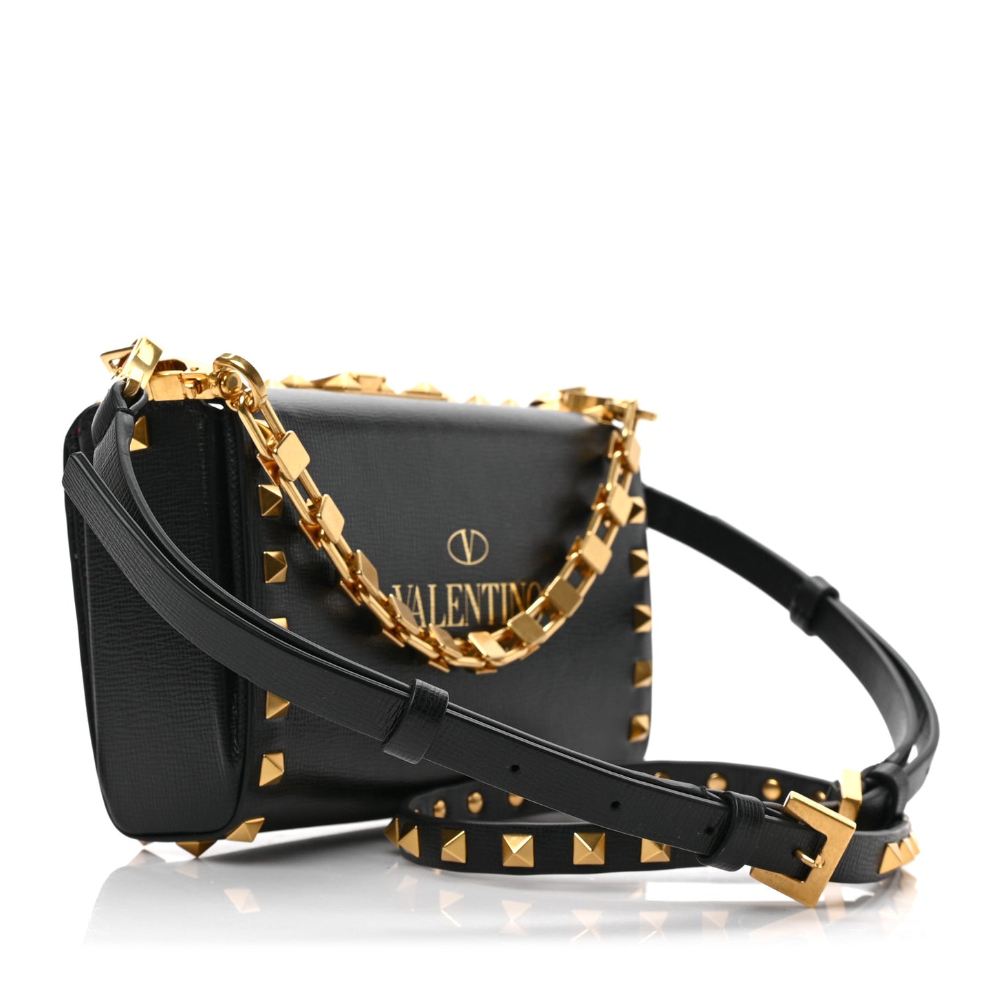 Grainy Calfskin Rockstud Alcove Box Clutch Black